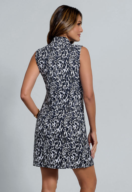 IBKÜL - Karen Print Sleeveless Mock Dress - Color: Black/Grey