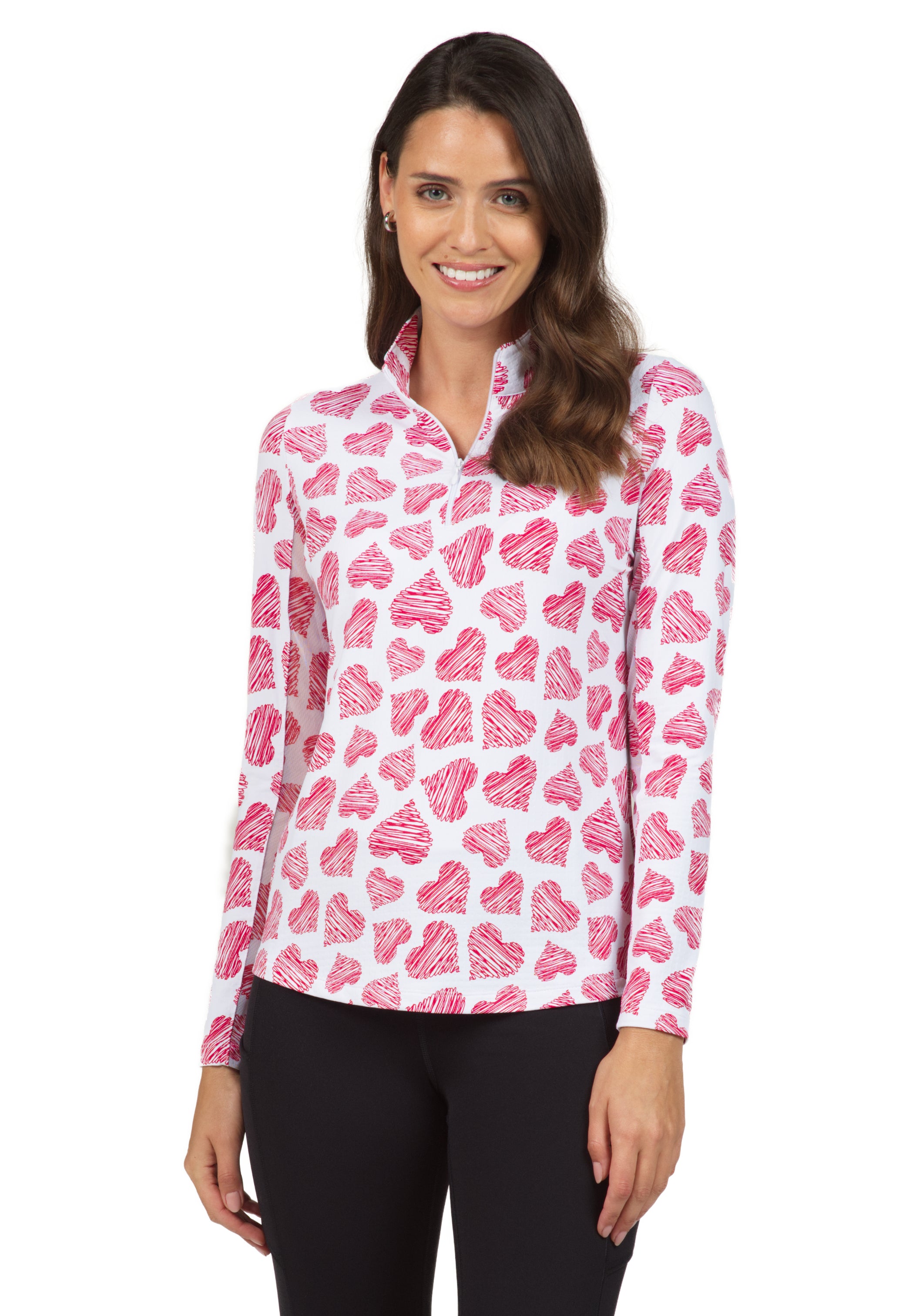 Scribble Hearts Print Long Sleeve Mock Neck Top – 10489