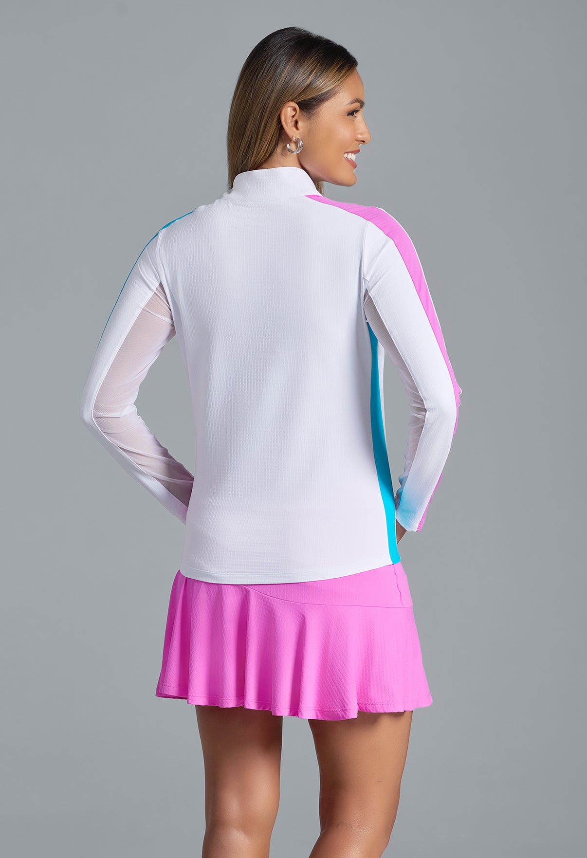 IBKÜL - Color Block Print Long Sleeve Mock Neck Top – 10001 - Color: Hot Pink/Turquoise