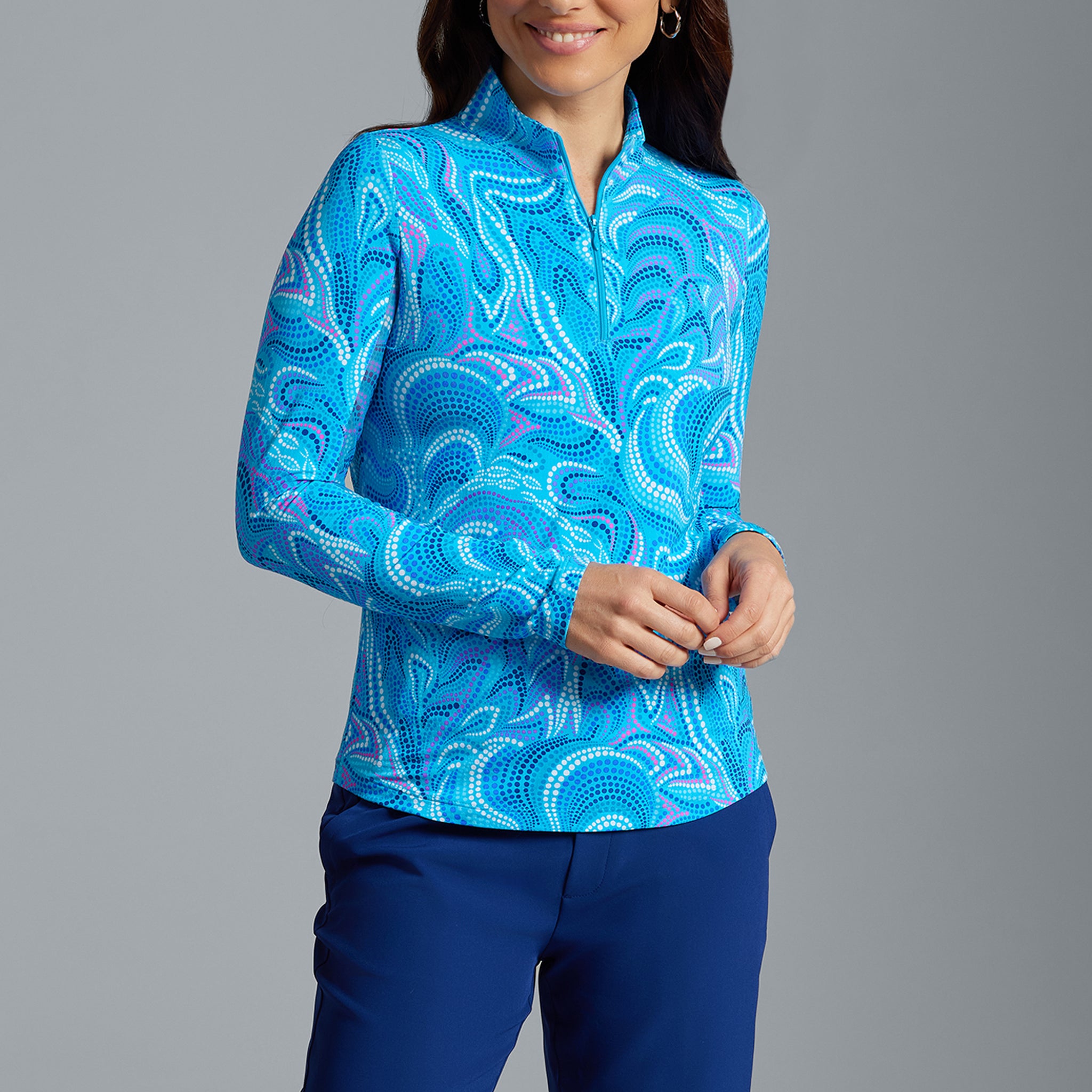 IBKÜL - Rebecca Print Long Sleeve Mock Neck Top – 10087 - Color: Turquoise Multi