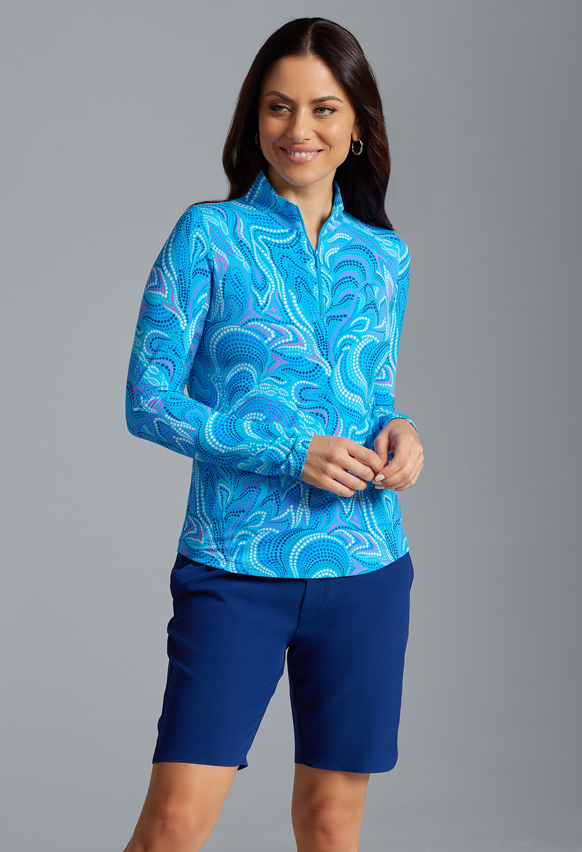 IBKÜL - Rebecca Print Long Sleeve Mock Neck Top – 10087 - Color: Turquoise Multi