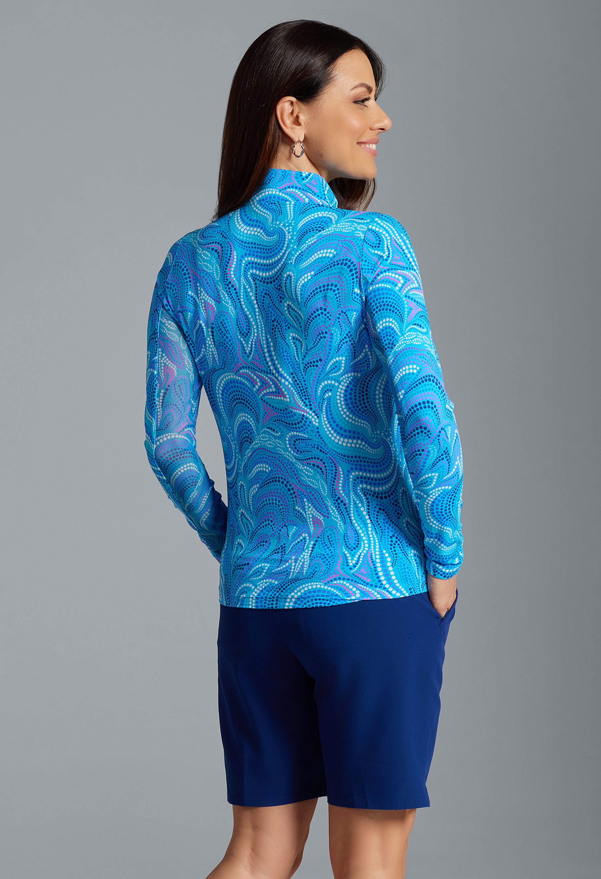 IBKÜL - Rebecca Print Long Sleeve Mock Neck Top – 10087 - Color: Turquoise Multi