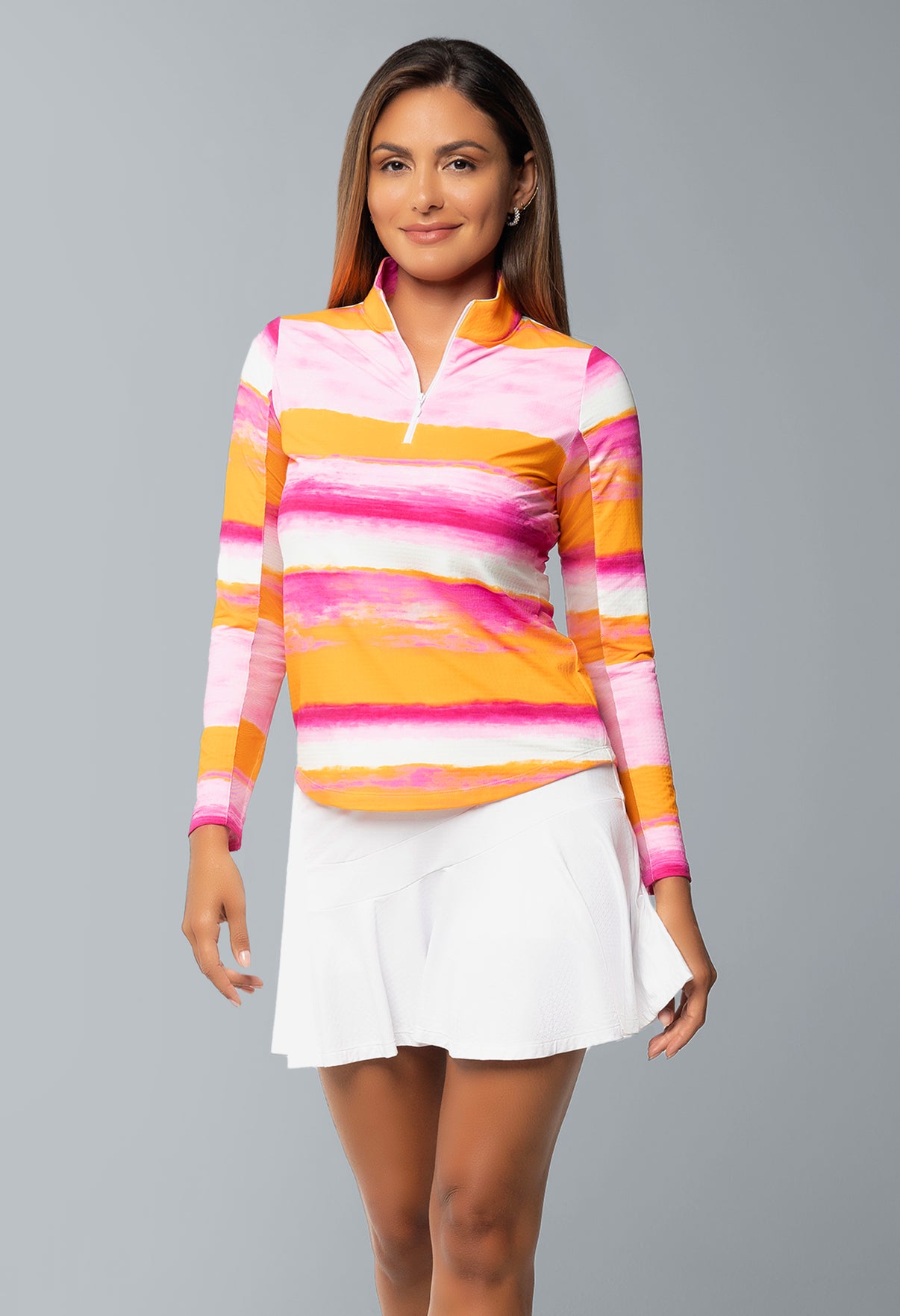 IBKÜL - Amy Print Long Sleeve Mock Neck Top – 10088 - Color: Hot Pink/Orange Peel