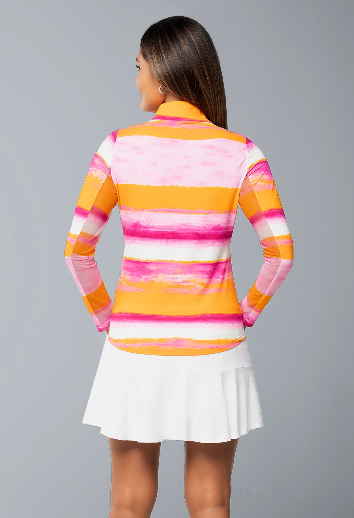 IBKÜL - Amy Print Long Sleeve Mock Neck Top – 10088 - Color: Hot Pink/Orange Peel