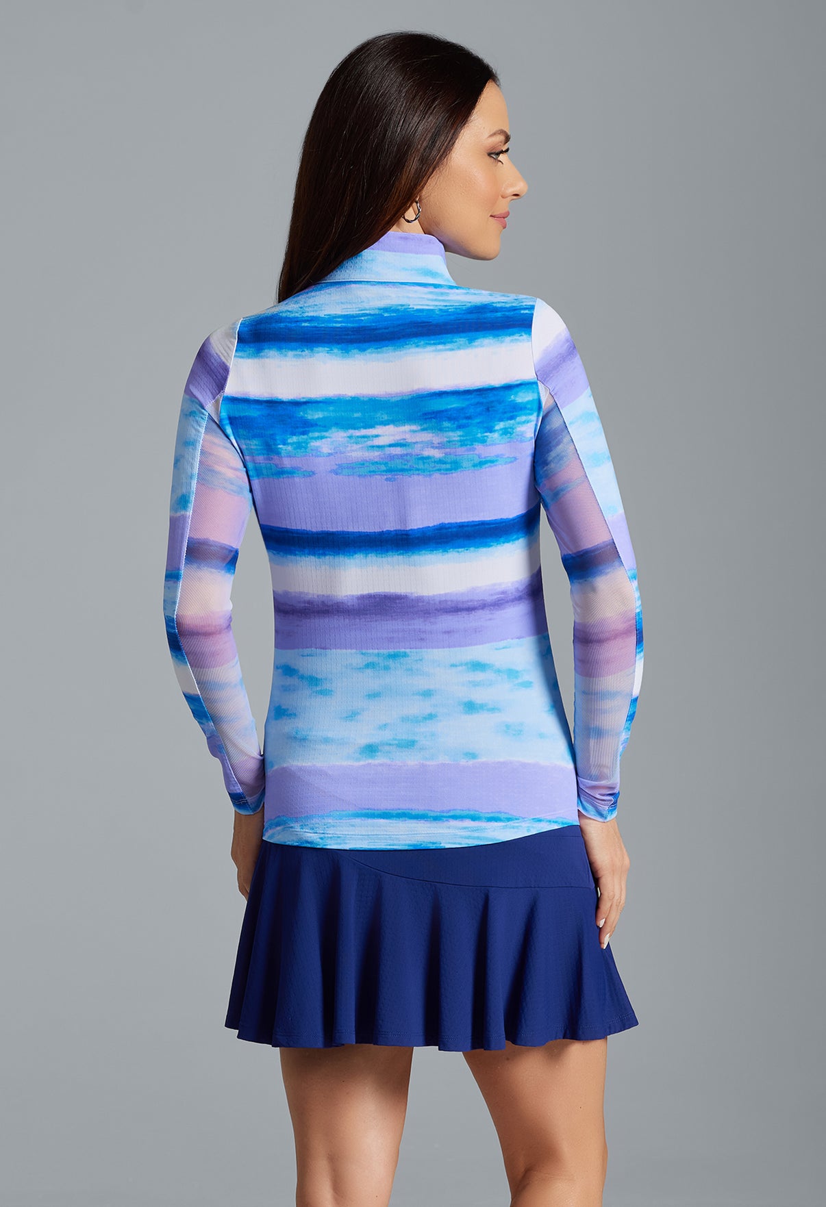 IBKÜL - Amy Print Long Sleeve Mock Neck Top – 10088 - Color: Peri/Lavender