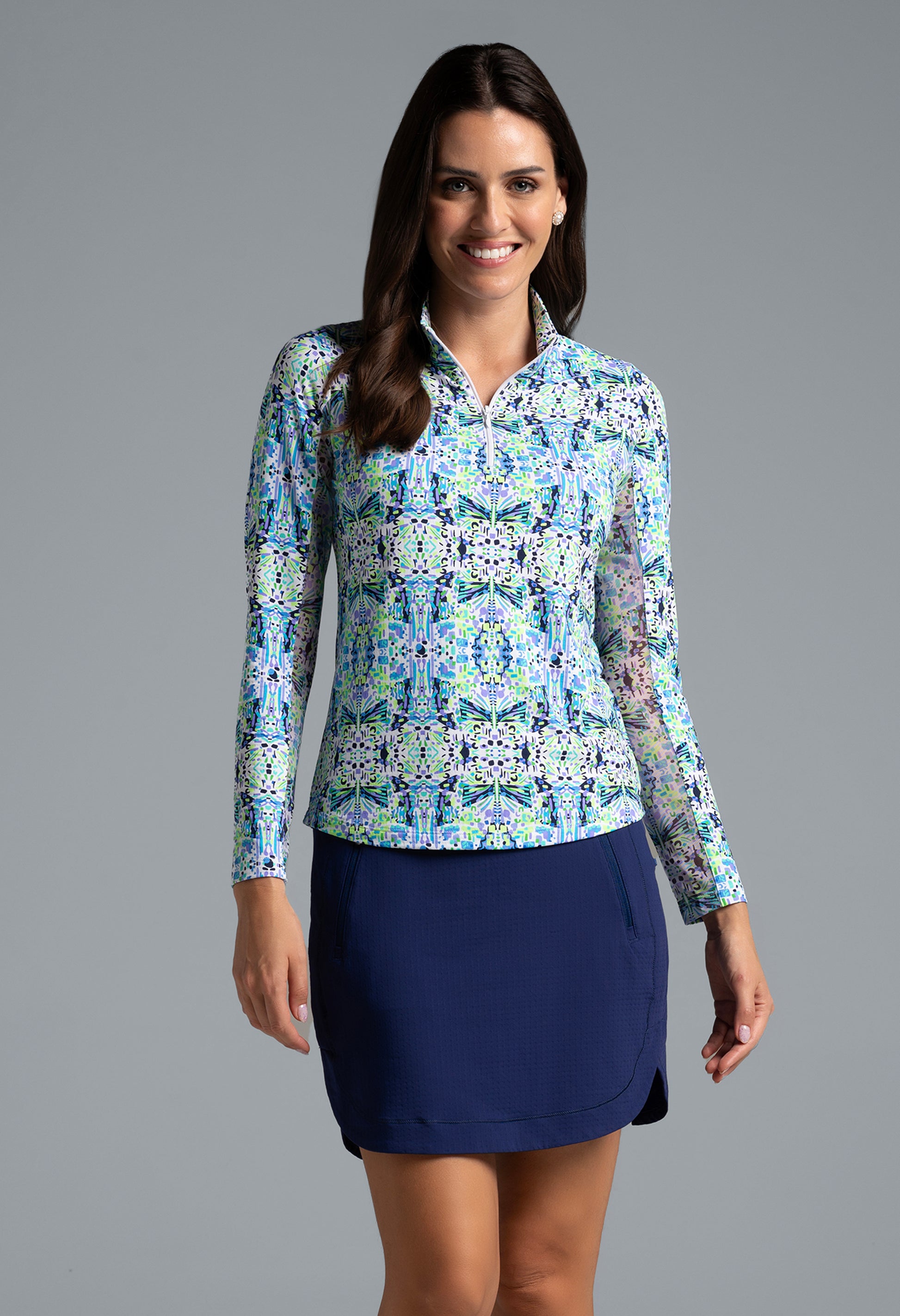 IBKÜL - Ridley Print Long Sleeve Mock Neck Top – 10089 - Color: Navy Multi