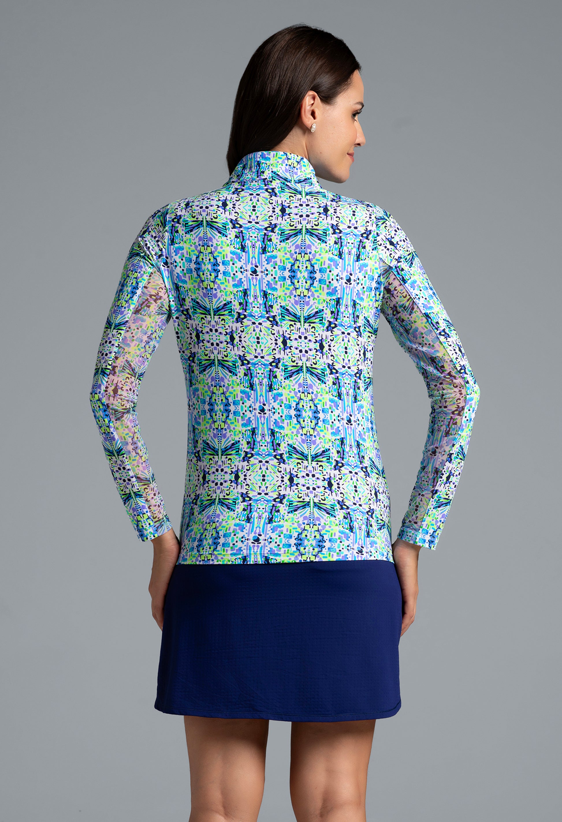 IBKÜL - Ridley Print Long Sleeve Mock Neck Top – 10089 - Color: Navy Multi