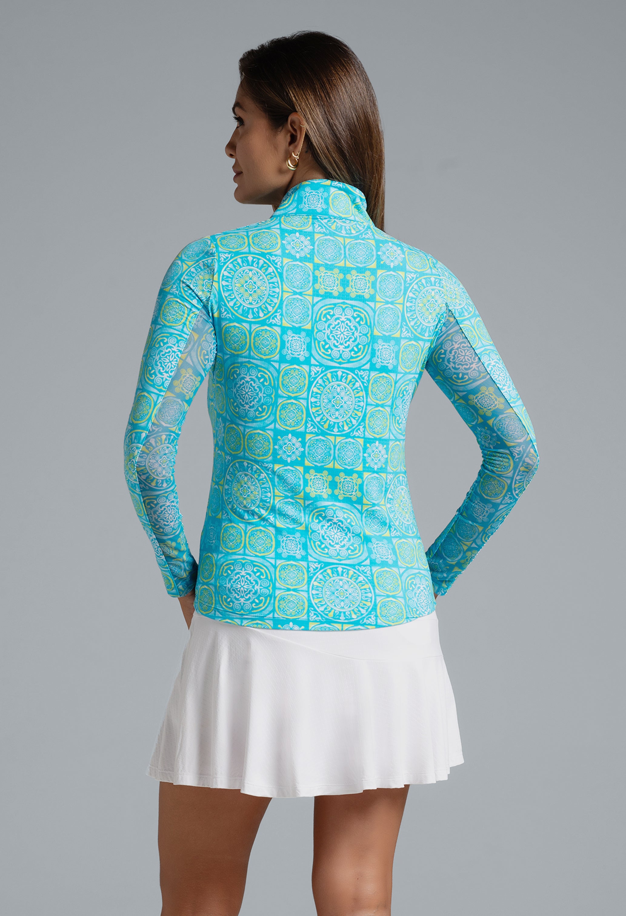 IBKÜL - Colette Print Long Sleeve Mock Neck Top – 10090 - Color: Turquoise/Lime