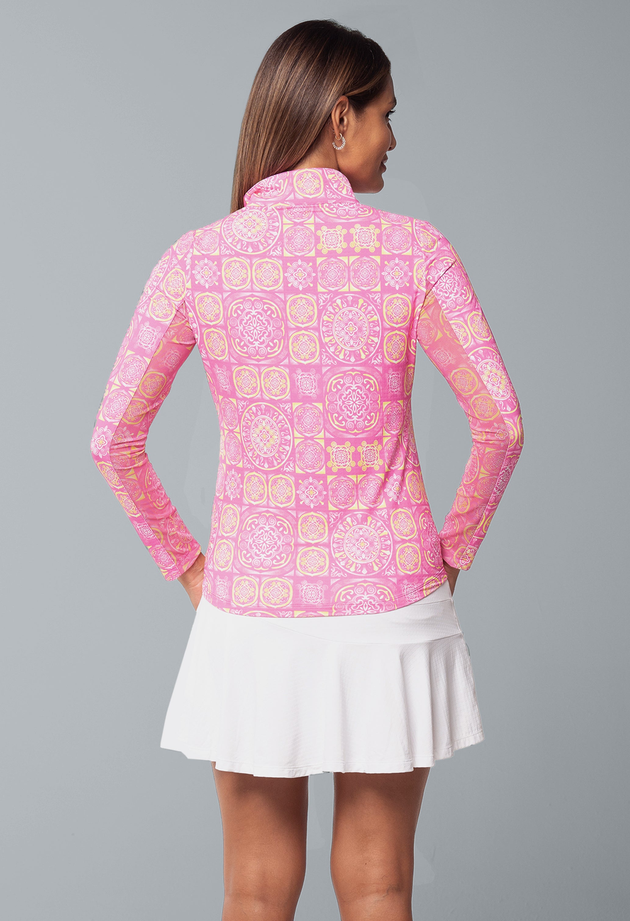 IBKÜL - Colette Print Long Sleeve Mock Neck Top – 10090 - Color: Hot Pink/Yellow