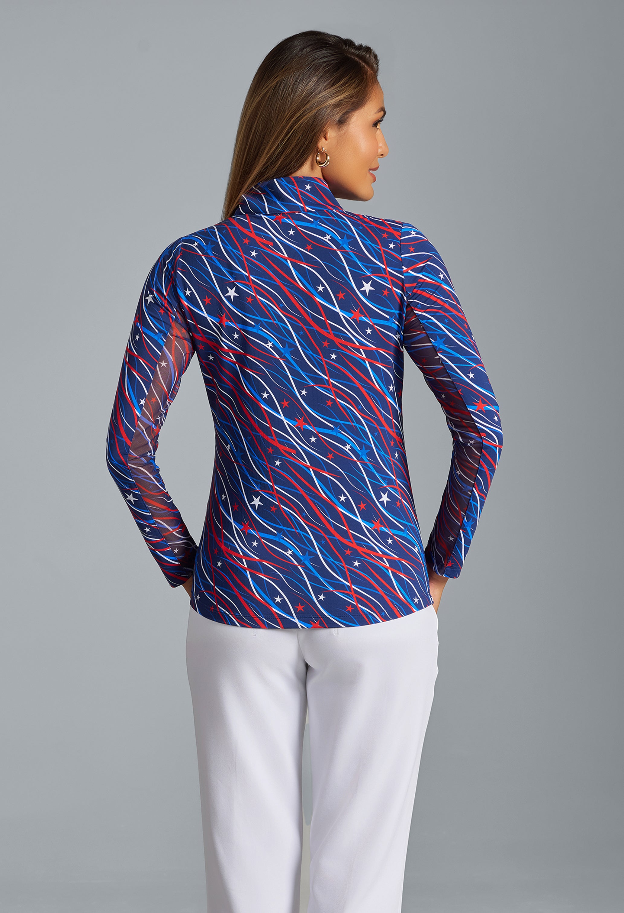 Patriotic Confetti Print Long Sleeve Mock Neck Top