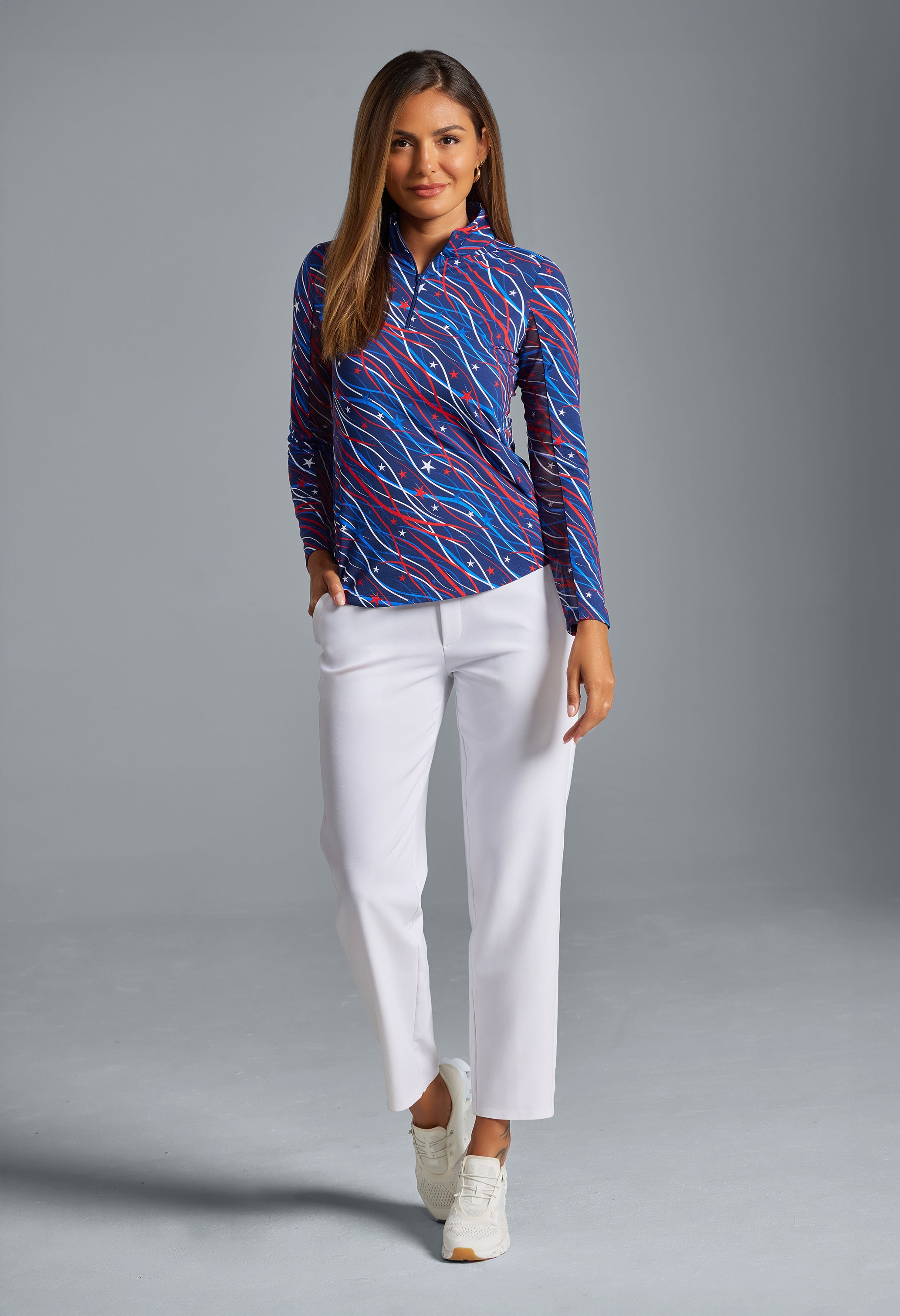 Patriotic Confetti Print Long Sleeve Mock Neck Top