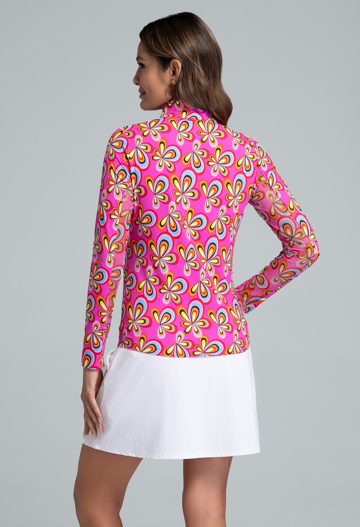 IBKÜL - Arya Print Long Sleeve Mock Neck Top - Color: Hot Pink Multi