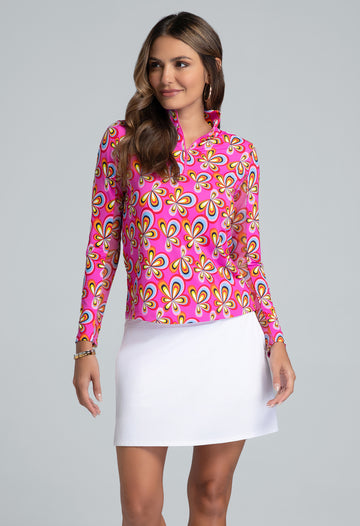IBKÜL - Arya Print Long Sleeve Mock Neck Top - Color: Hot Pink Multi
