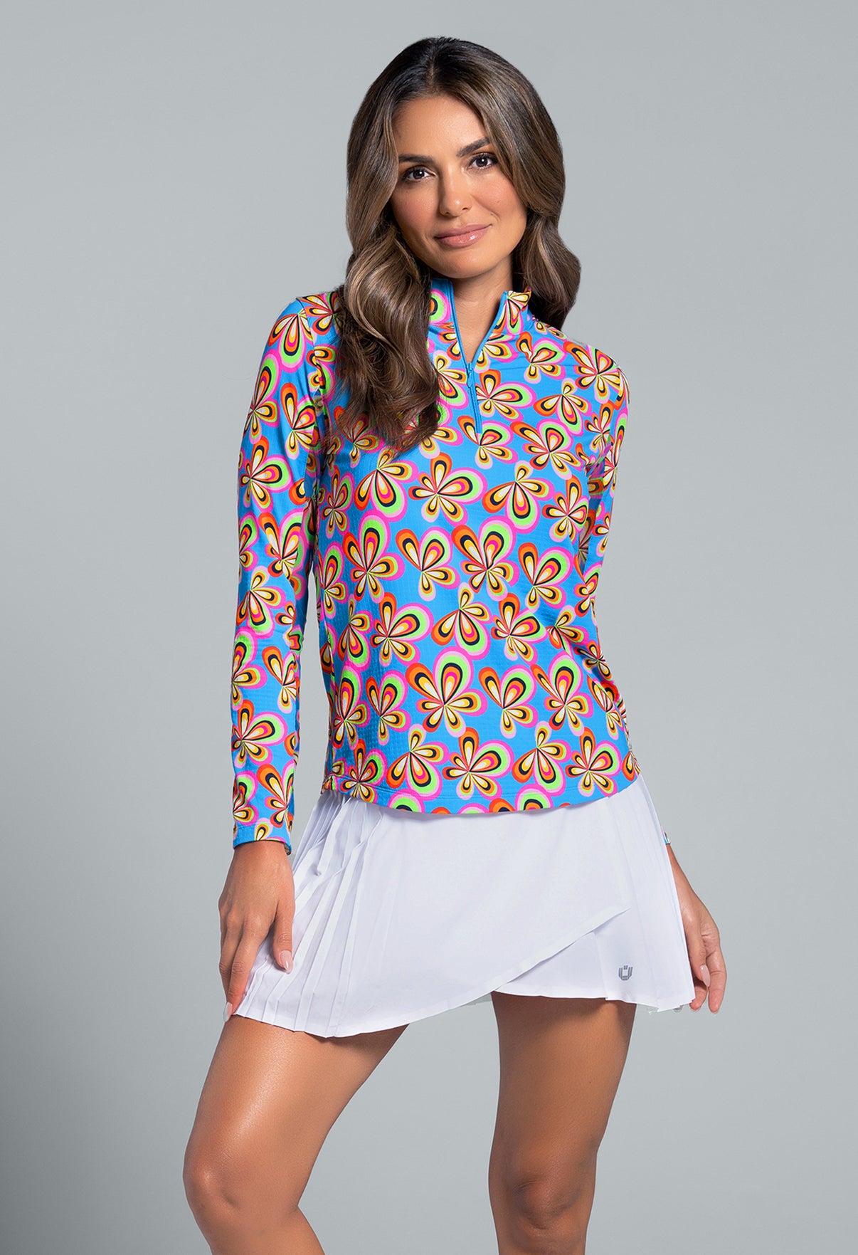 IBKÜL - Arya Print Long Sleeve Mock Neck Top - Color: Turquoise Multi