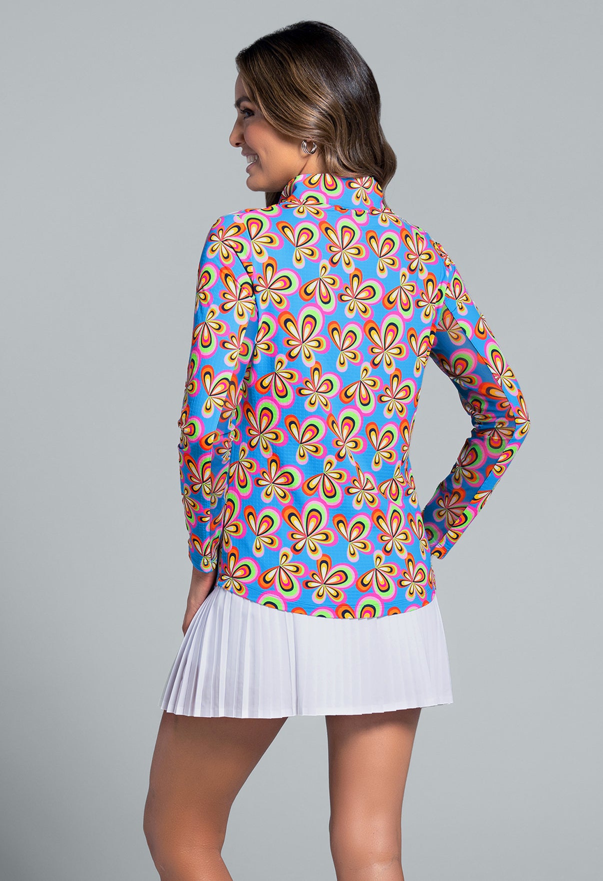 IBKÜL - Arya Print Long Sleeve Mock Neck Top - Color: Turquoise Multi