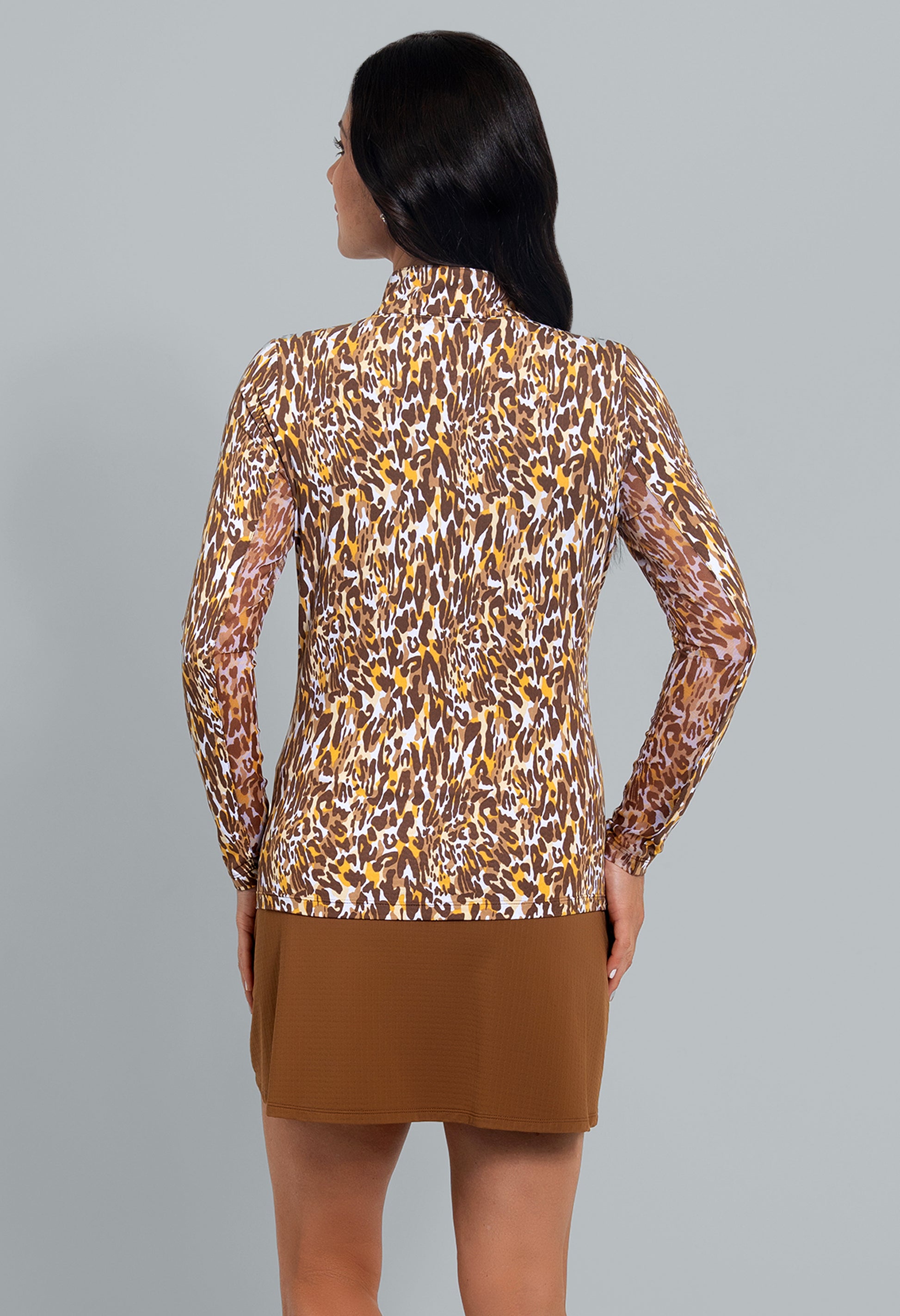 IBKÜL - Karen Print Long Sleeve Mock Neck Top - Color: Brown/Tan