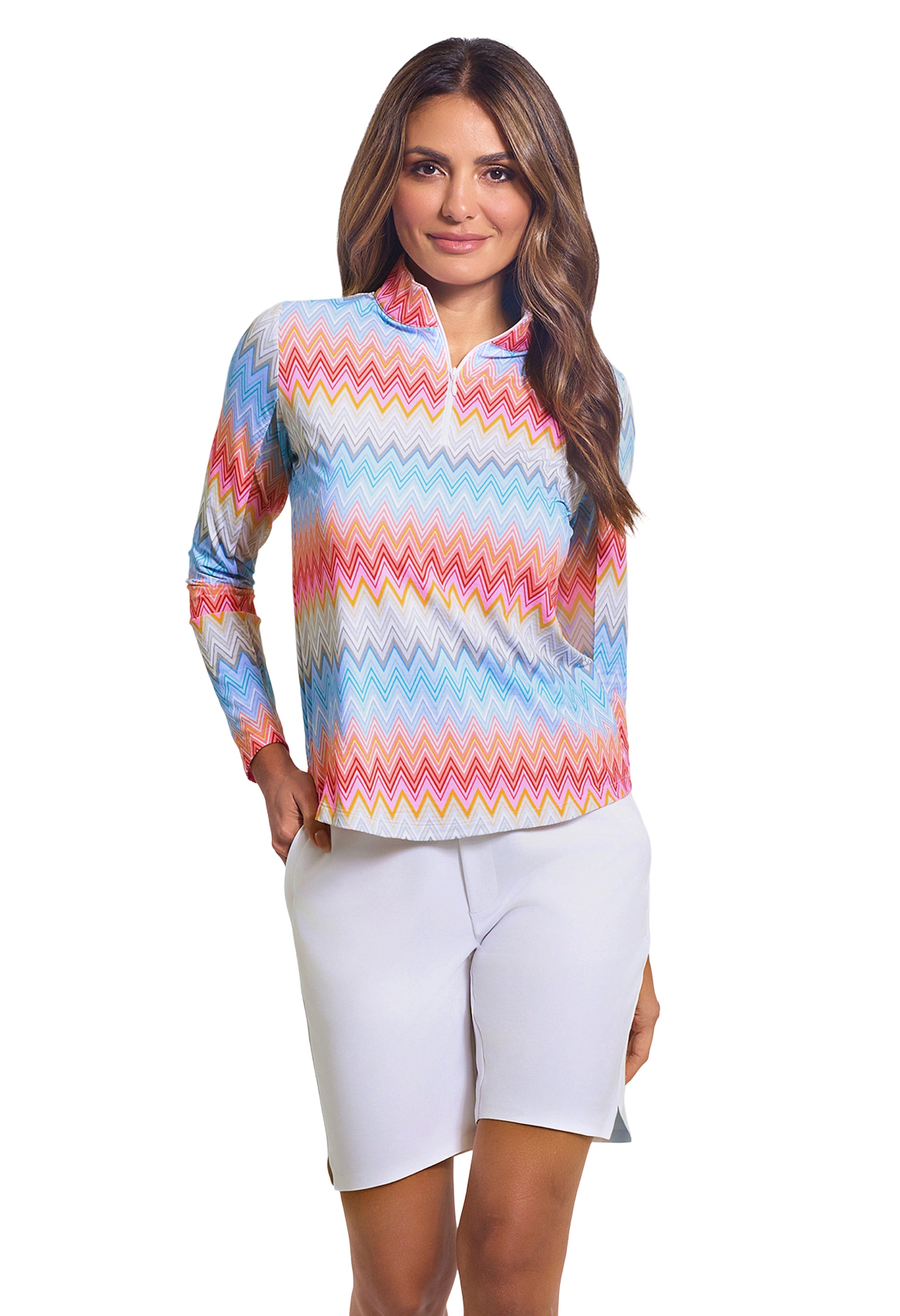 IBKÜL - Susan Print Long Sleeve Mock Neck Top - Color: Candy Pink Multi