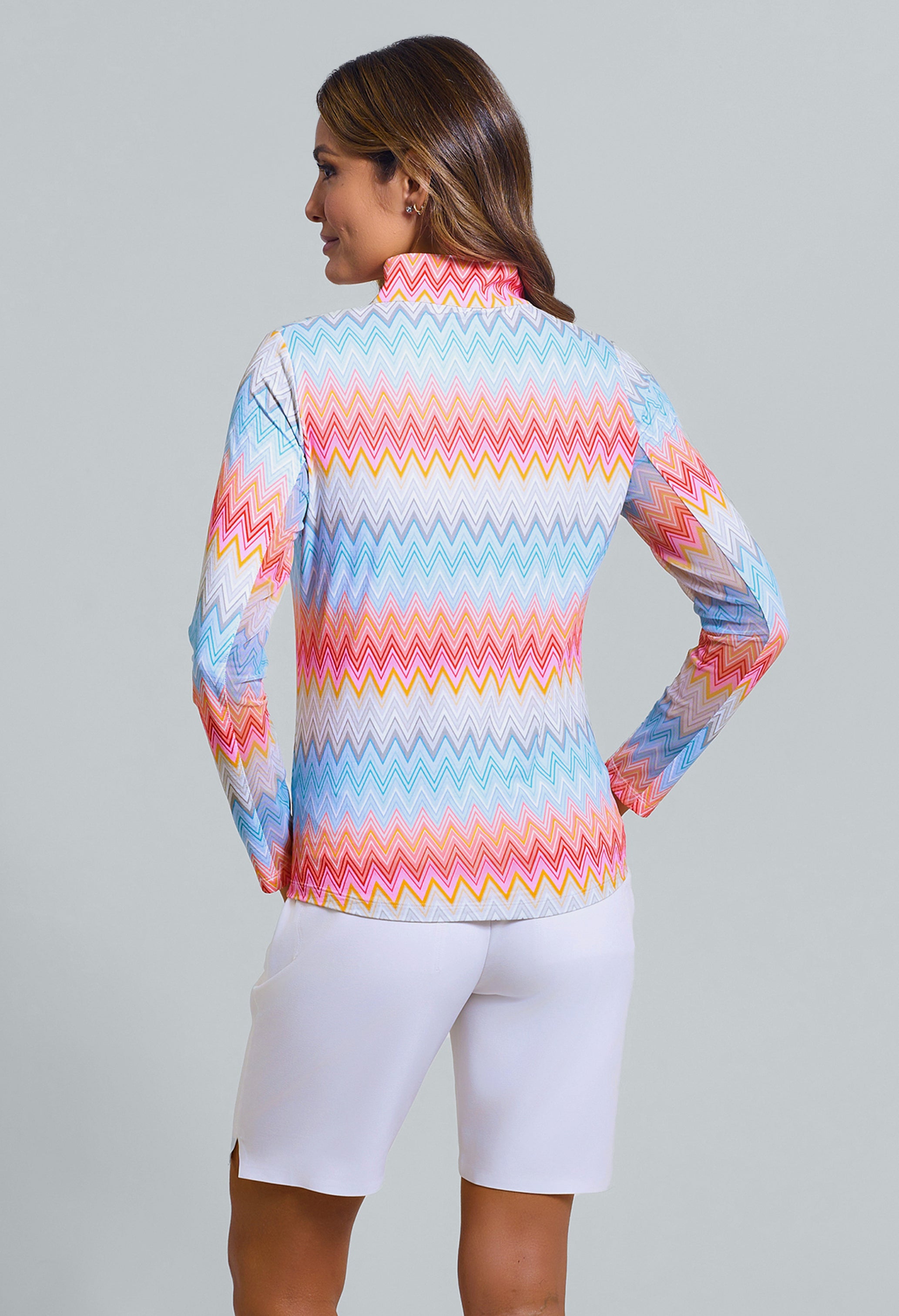 IBKÜL - Susan Print Long Sleeve Mock Neck Top - Color: Candy Pink Multi