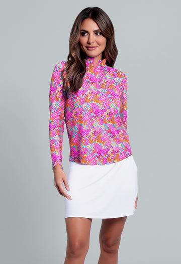 IBKÜL - Allana Print Long Sleeve Mock Neck Top - Color: Hot Pink Multi