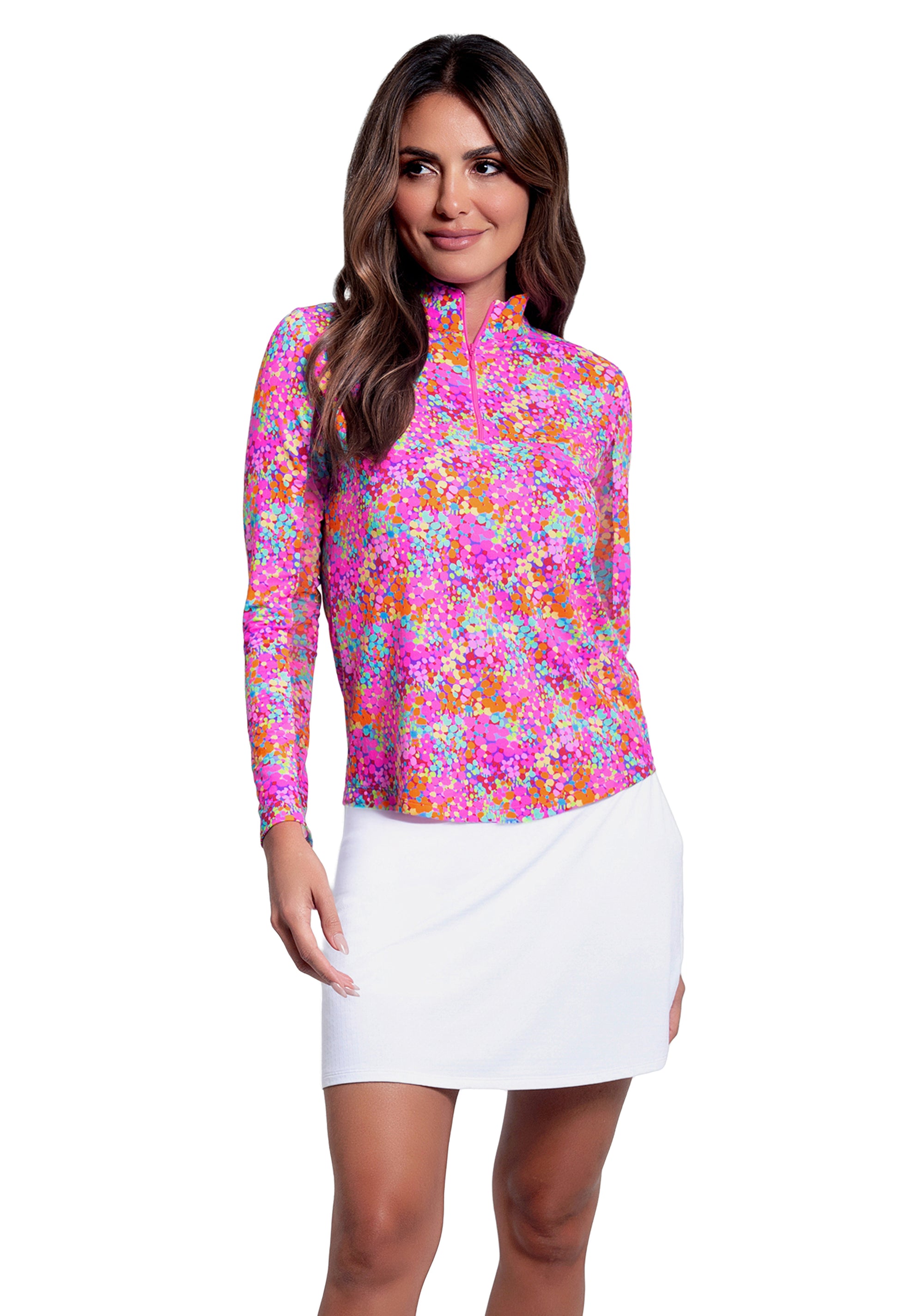 IBKÜL - Allana Print Long Sleeve Mock Neck Top - Color: Hot Pink Multi