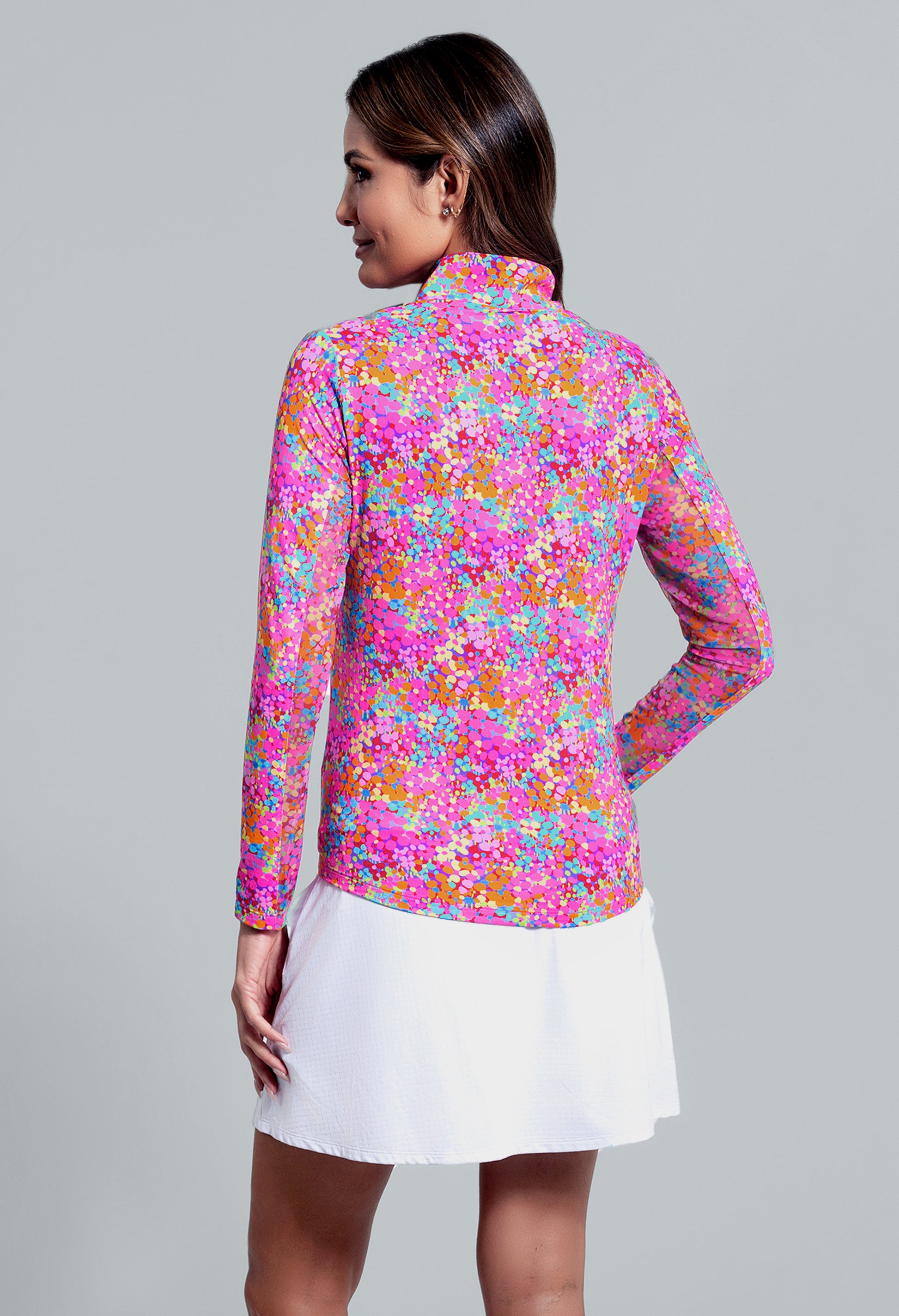 IBKÜL - Allana Print Long Sleeve Mock Neck Top - Color: Hot Pink Multi