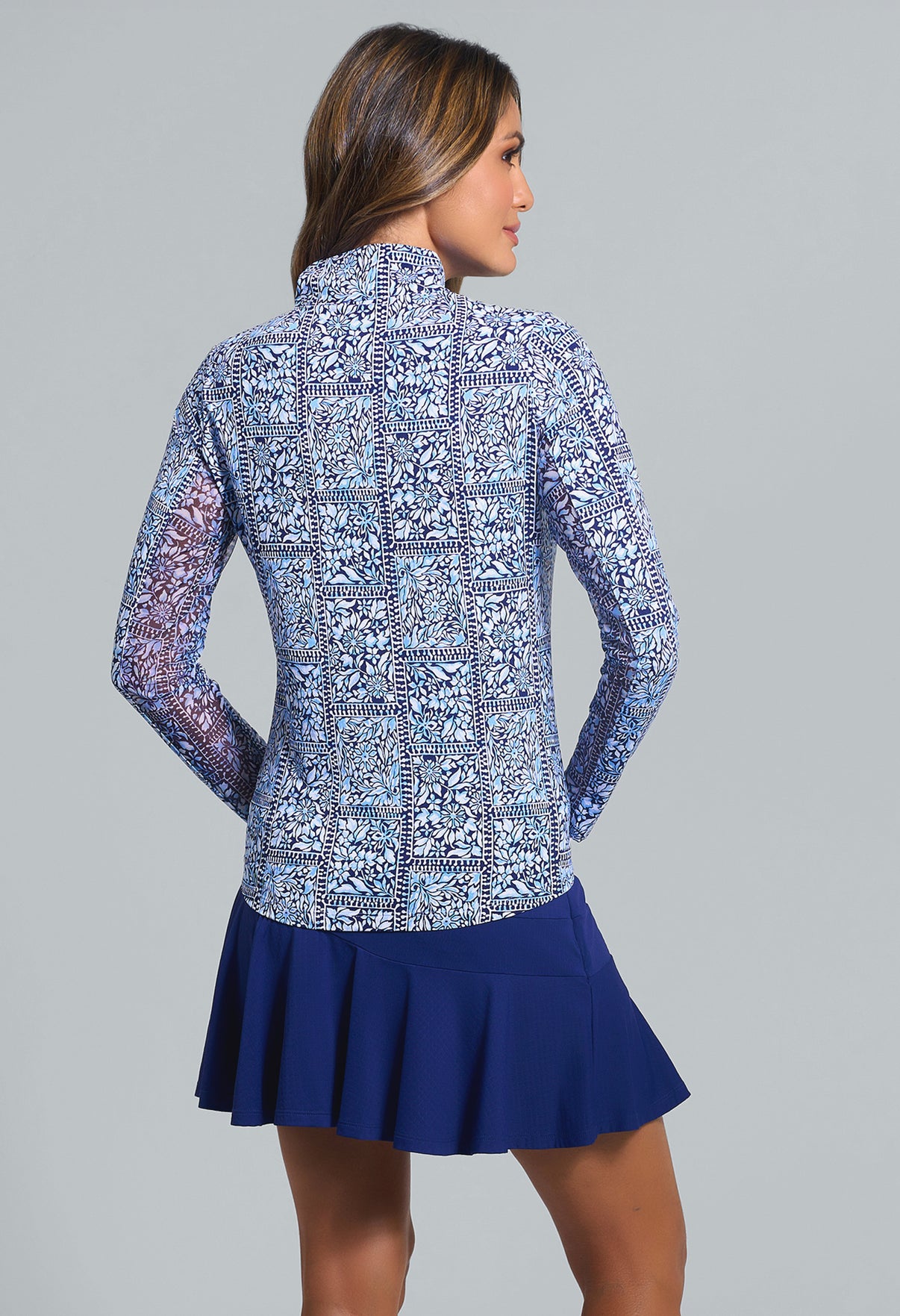IBKÜL - Josie Print Long Sleeve Mock Neck Top - Color: Navy/Peri