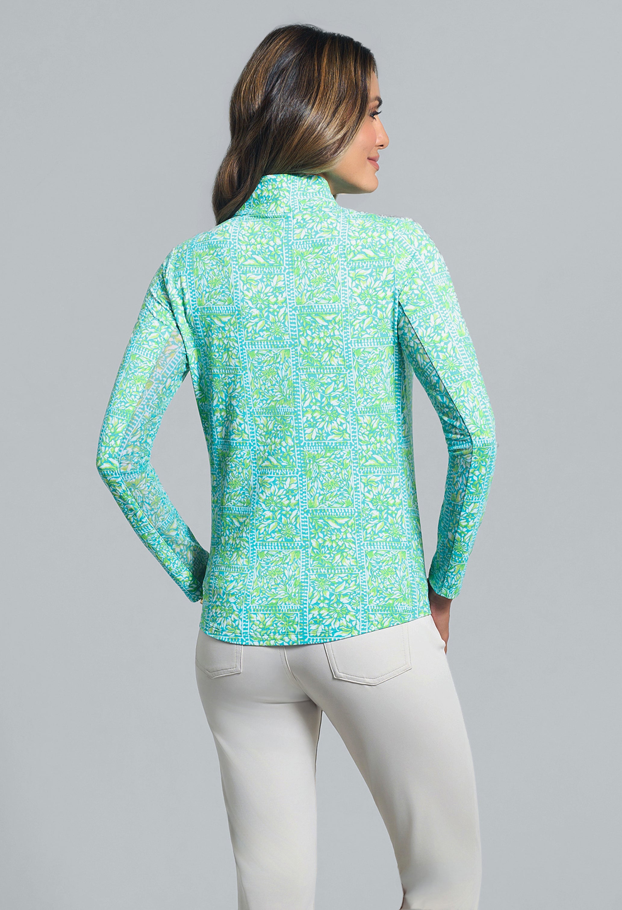 IBKÜL - Josie Print Long Sleeve Mock Neck Top - Color: Turquoise/Lime