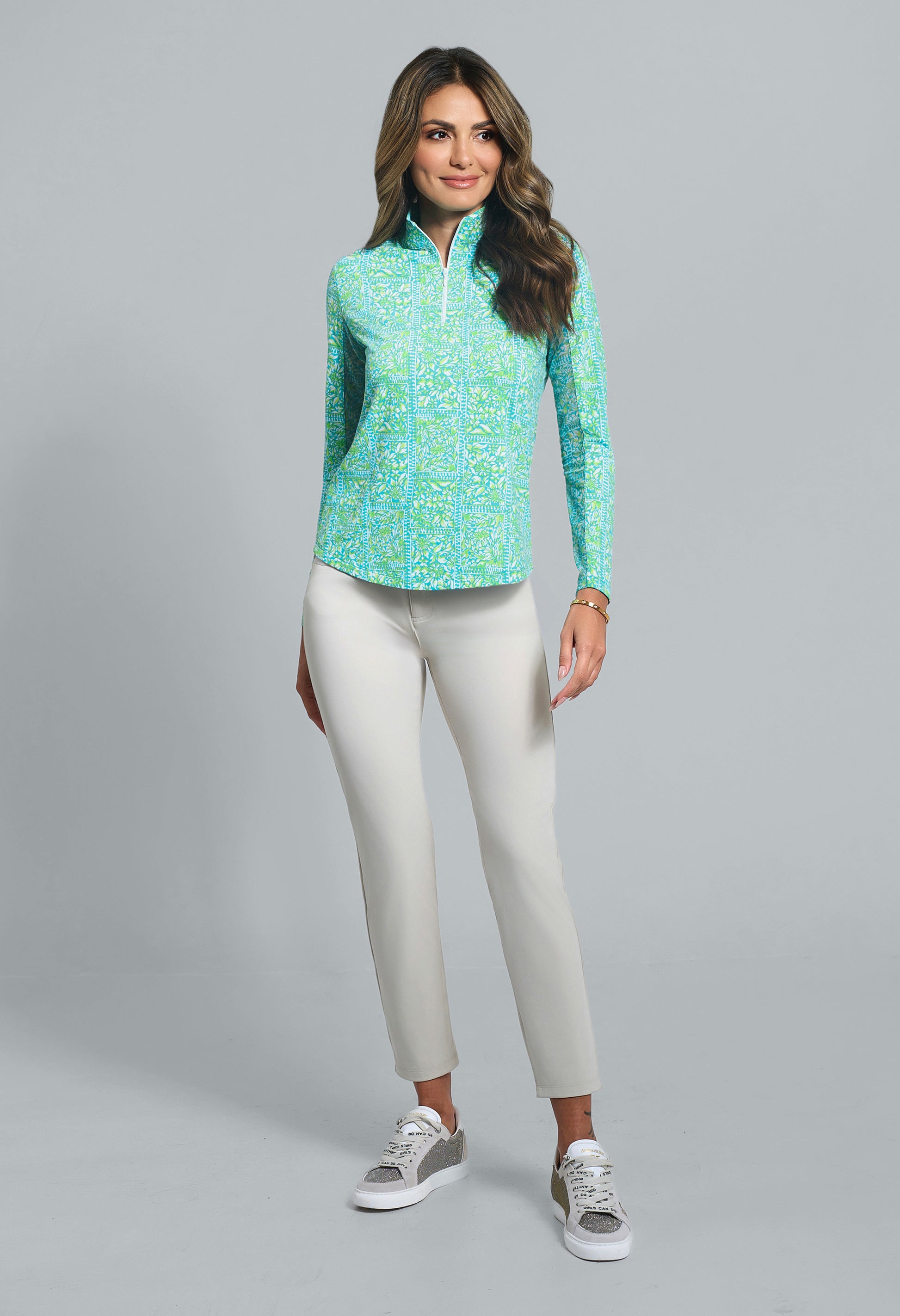 IBKÜL - Josie Print Long Sleeve Mock Neck Top - Color: Turquoise/Lime