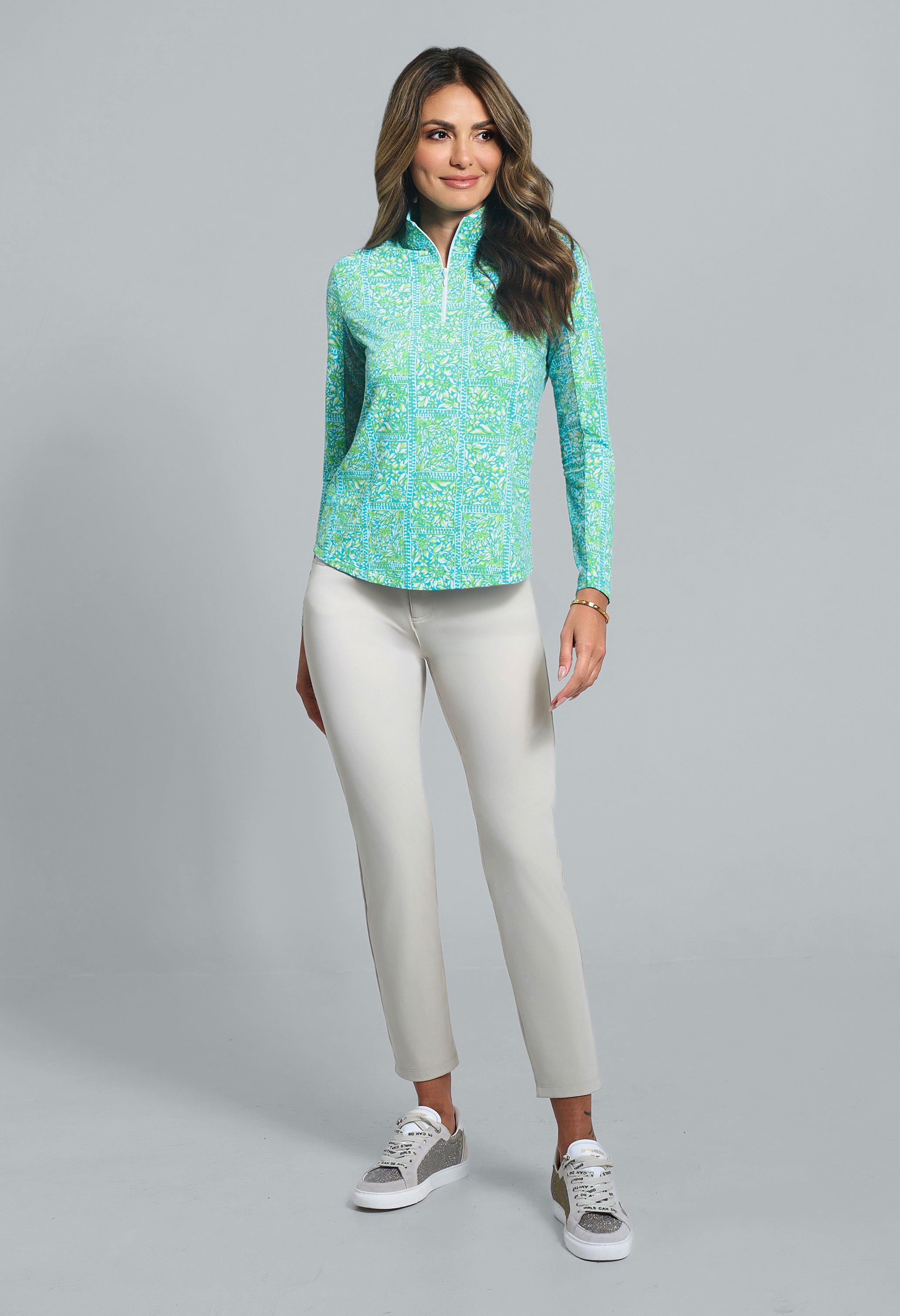 IBKÜL - Josie Print Long Sleeve Mock Neck Top - Color: Turquoise/Lime