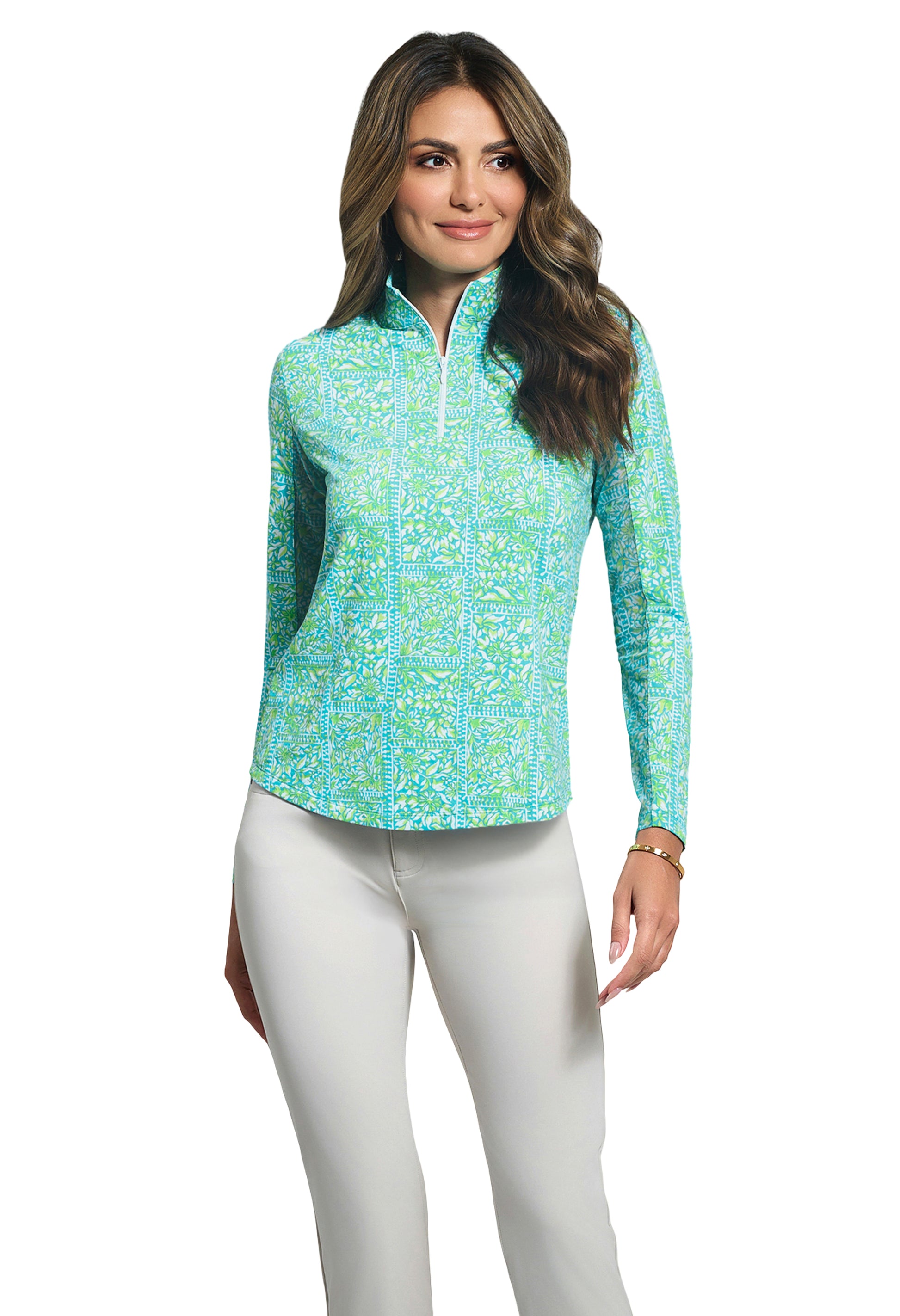 IBKÜL - Josie Print Long Sleeve Mock Neck Top - Color: Turquoise/Lime