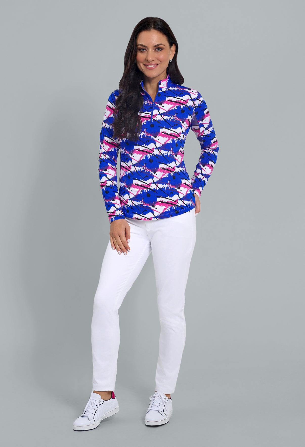 IBKÜL - Lizzy Print Long Sleeve Mock Neck Top - Color: Hot Pink/Blue