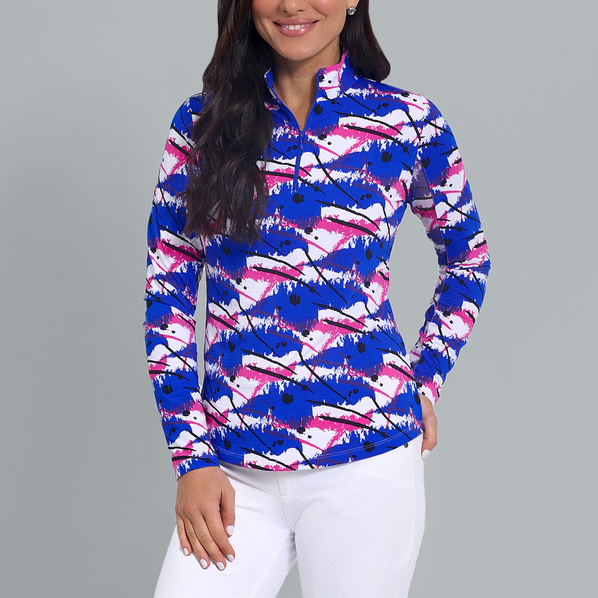 IBKÜL - Lizzy Print Long Sleeve Mock Neck Top - Color: Hot Pink/Blue