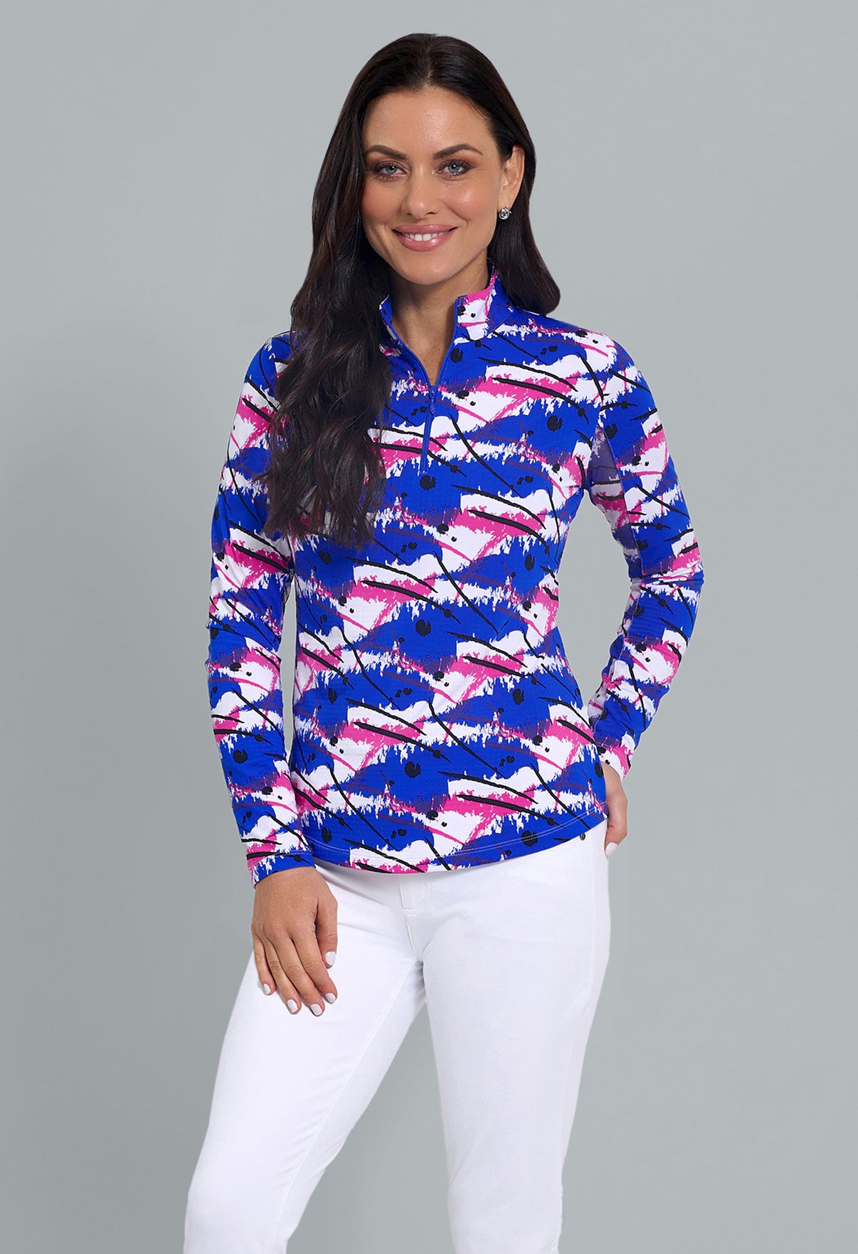 IBKÜL - Lizzy Print Long Sleeve Mock Neck Top - Color: Hot Pink/Blue