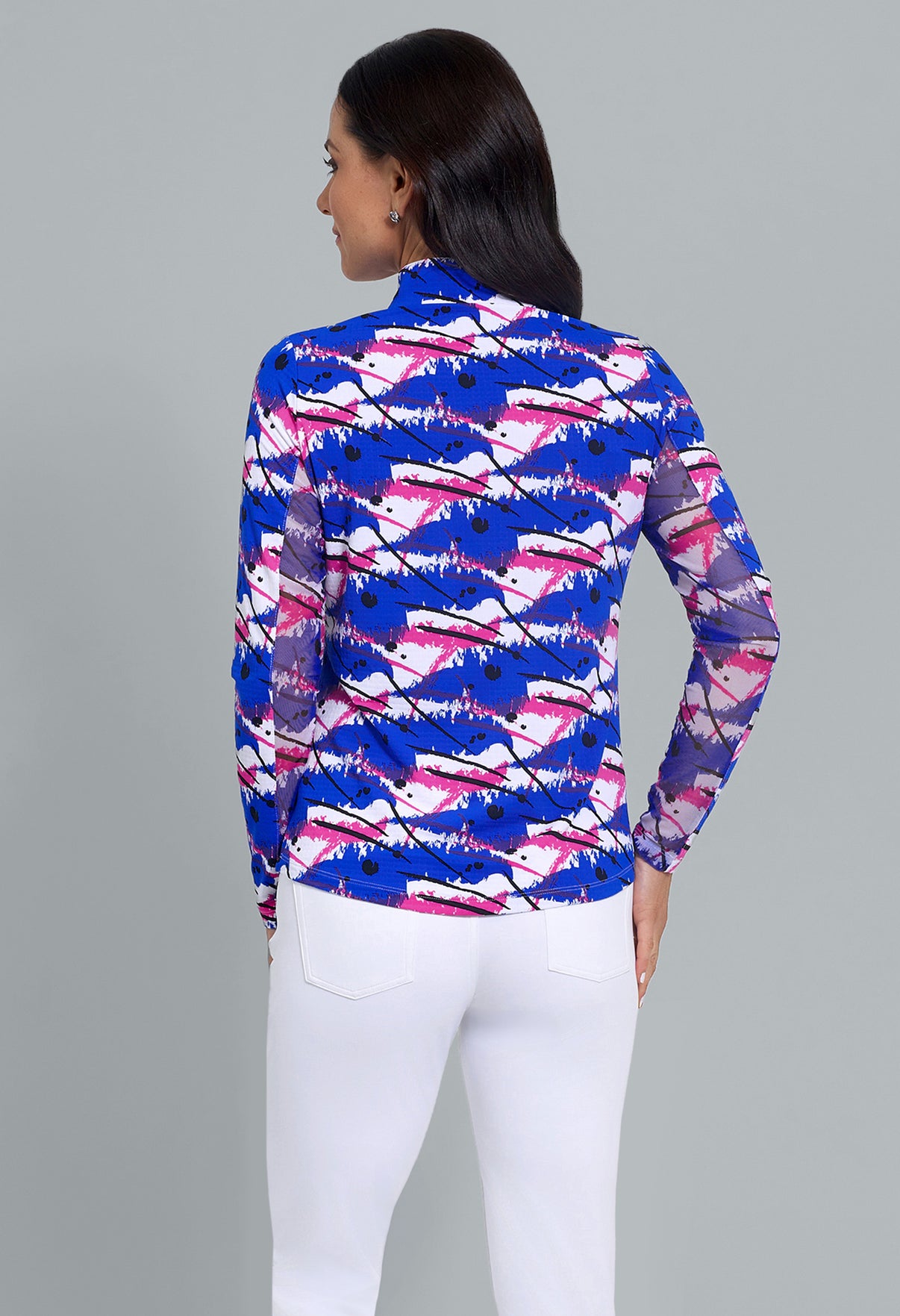 IBKÜL - Lizzy Print Long Sleeve Mock Neck Top - Color: Hot Pink/Blue
