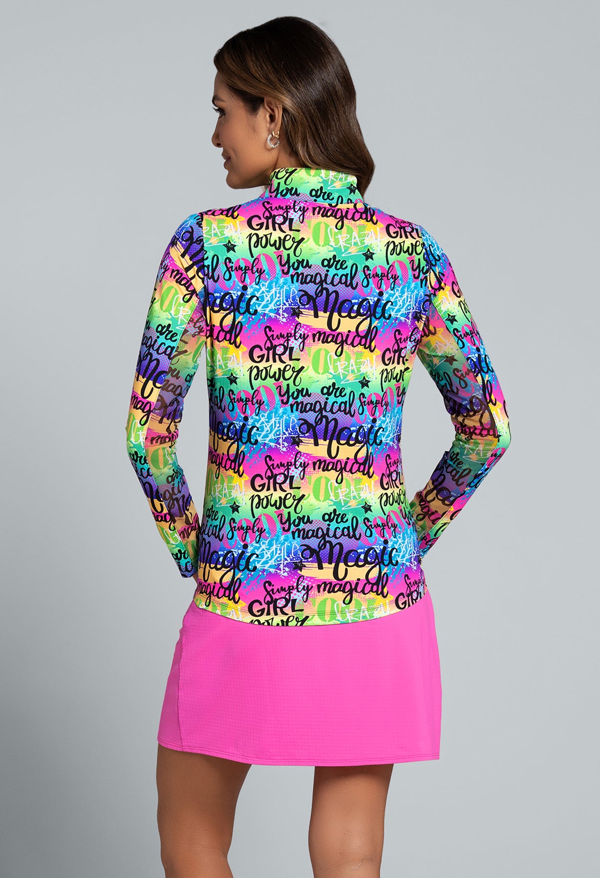 IBKÜL - Girl Power Print Long Sleeve Mock Neck Top - Color: Hot Pink Multi