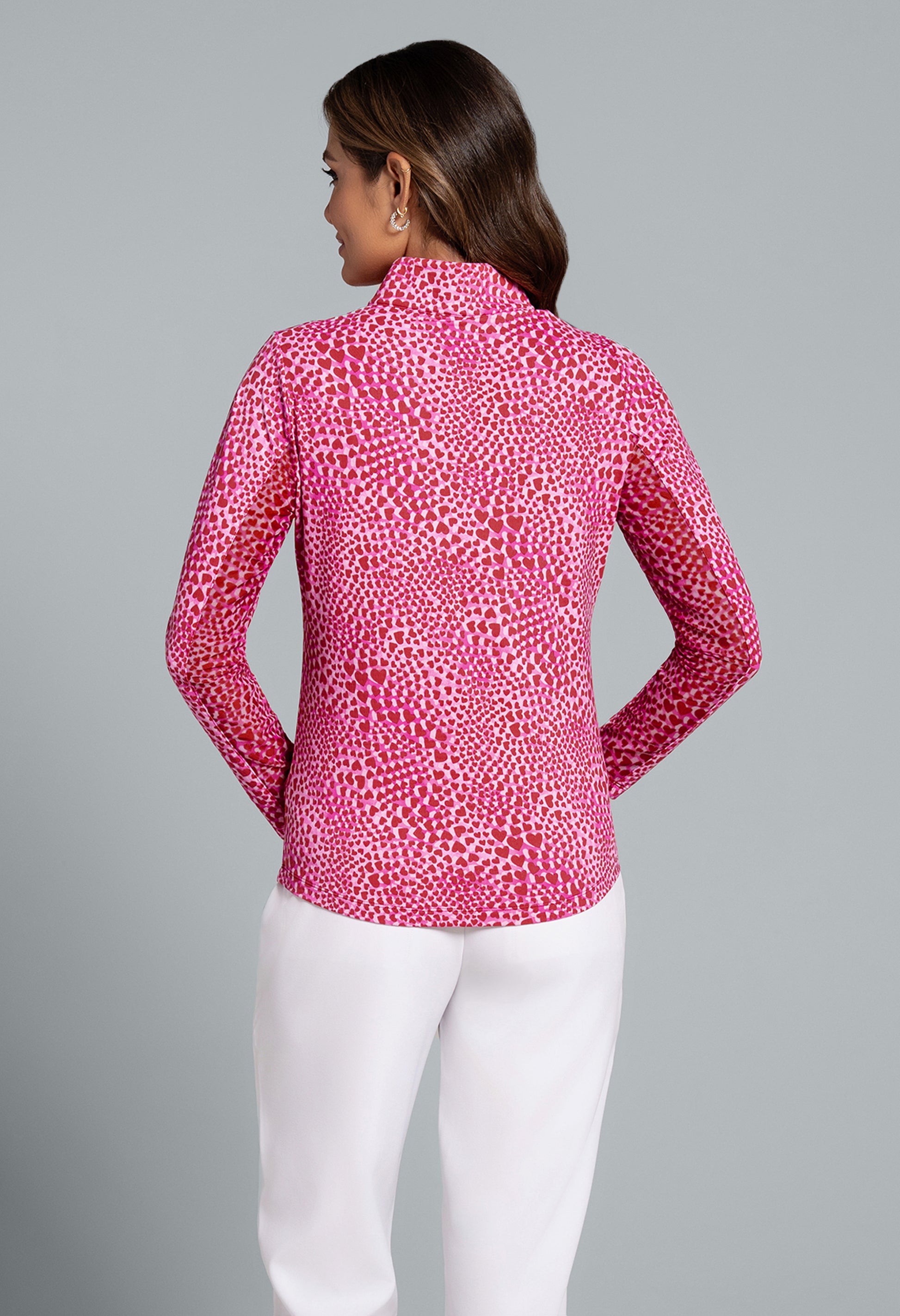 IBKÜL - Amanda Print Long Sleeve Mock Neck Top - Color: Red/Hot Pink