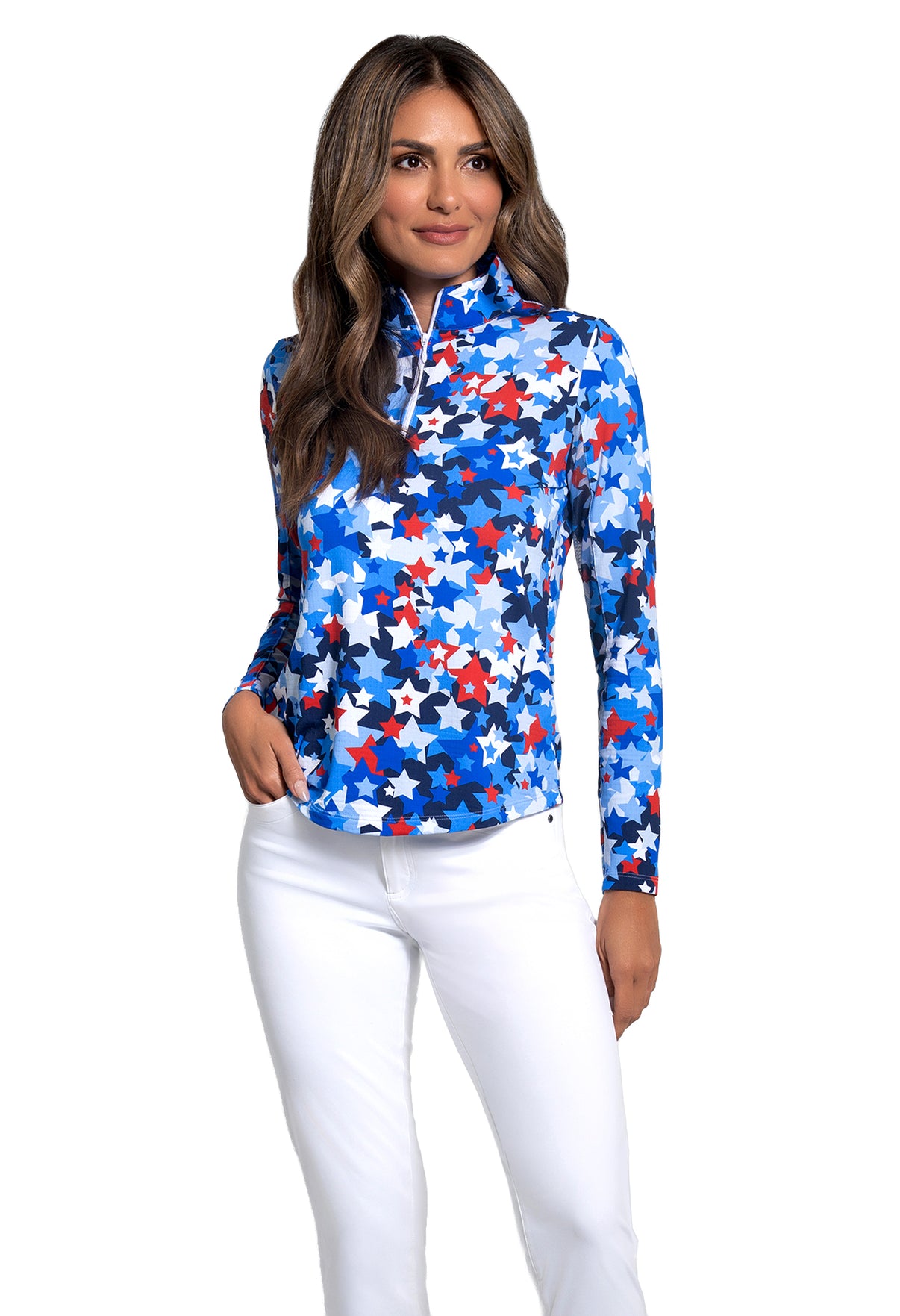 IBKÜL - Star Spangle Print Long Sleeve Mock Neck Top - Color: Navy Multi