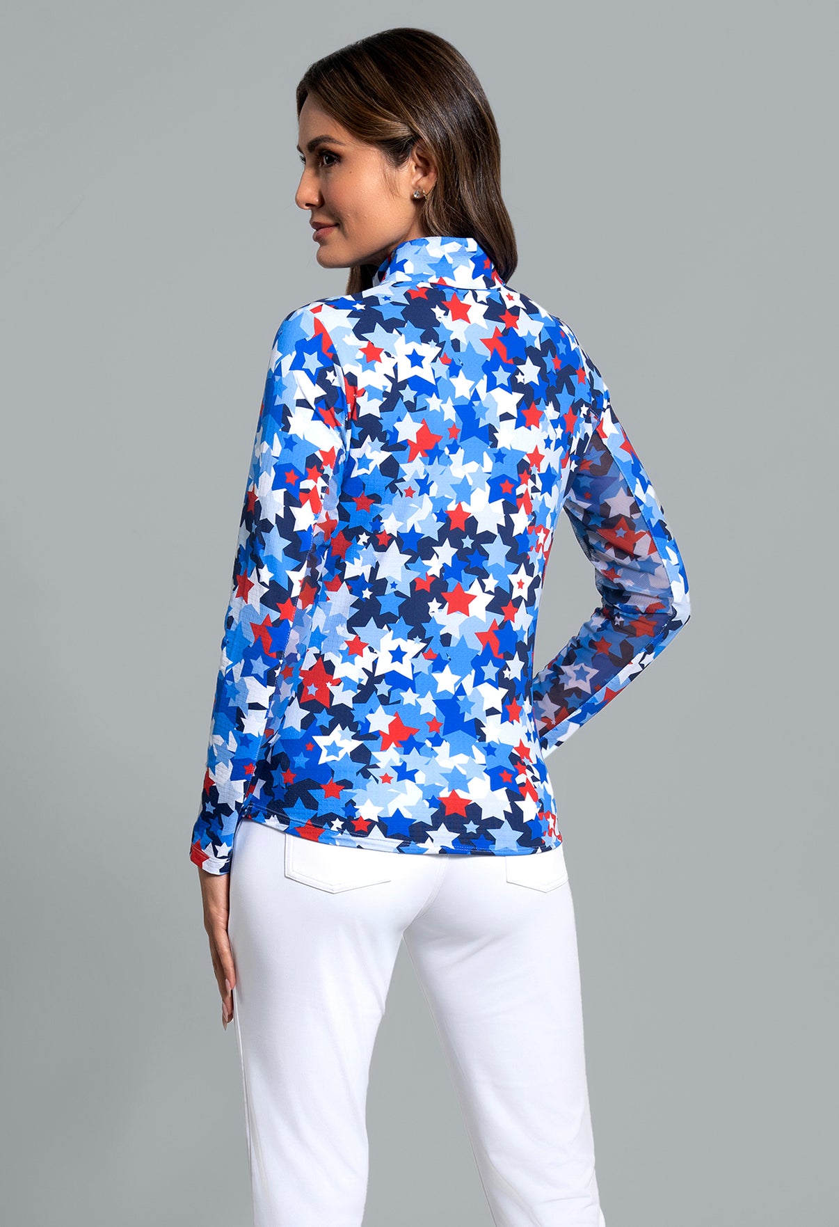 IBKÜL - Star Spangle Print Long Sleeve Mock Neck Top - Color: Navy Multi