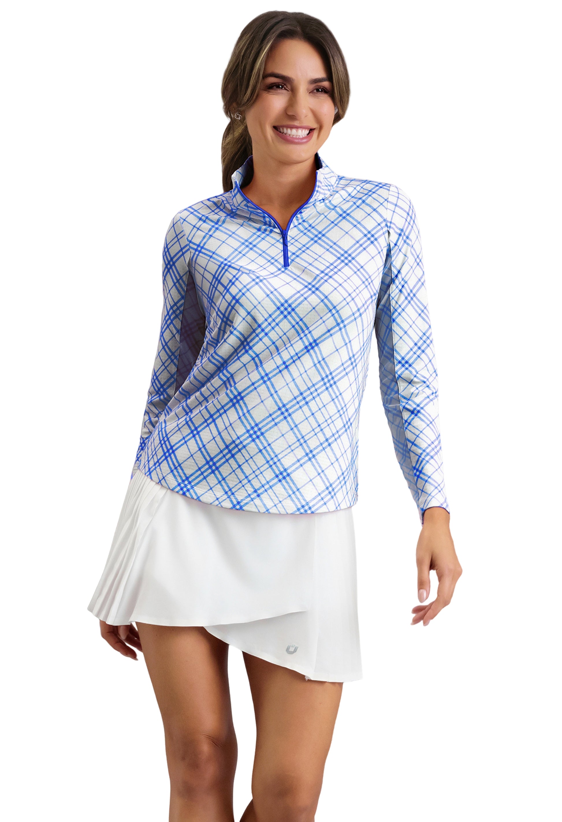 IBKÜL - Tony Print Long Sleeve Mock Neck Top - Color: Blue/White