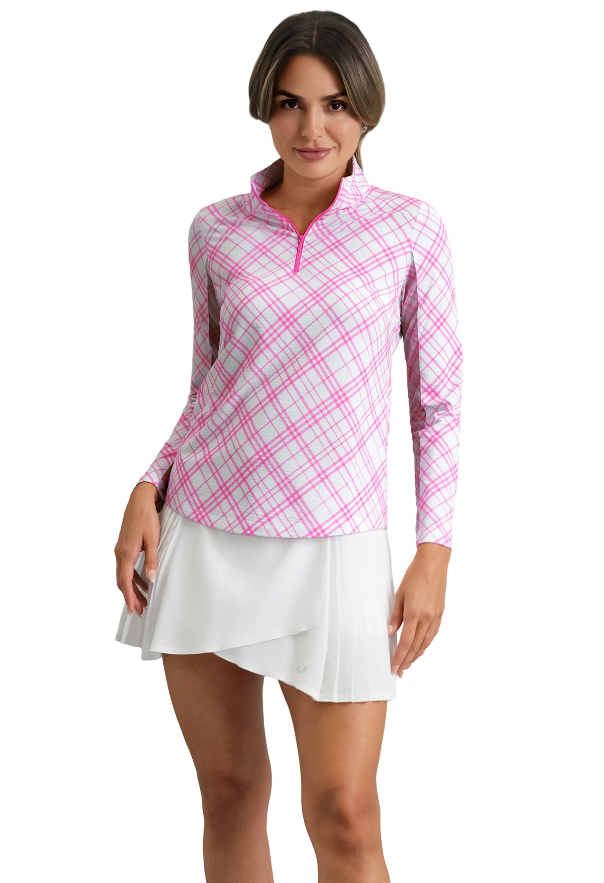IBKÜL - Tony Print Long Sleeve Mock Neck Top - Color: Hot Pink/White