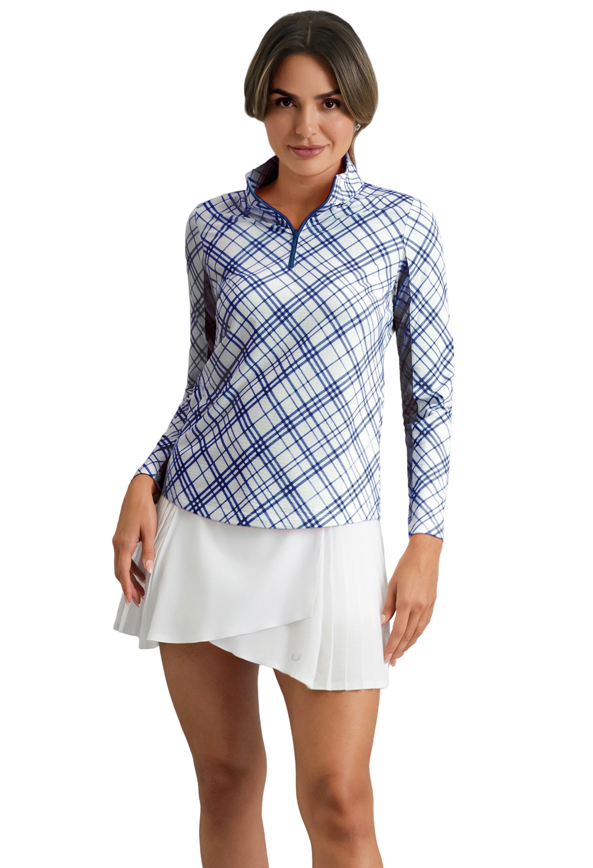 IBKÜL - Tony Print Long Sleeve Mock Neck Top - Color: Navy/White