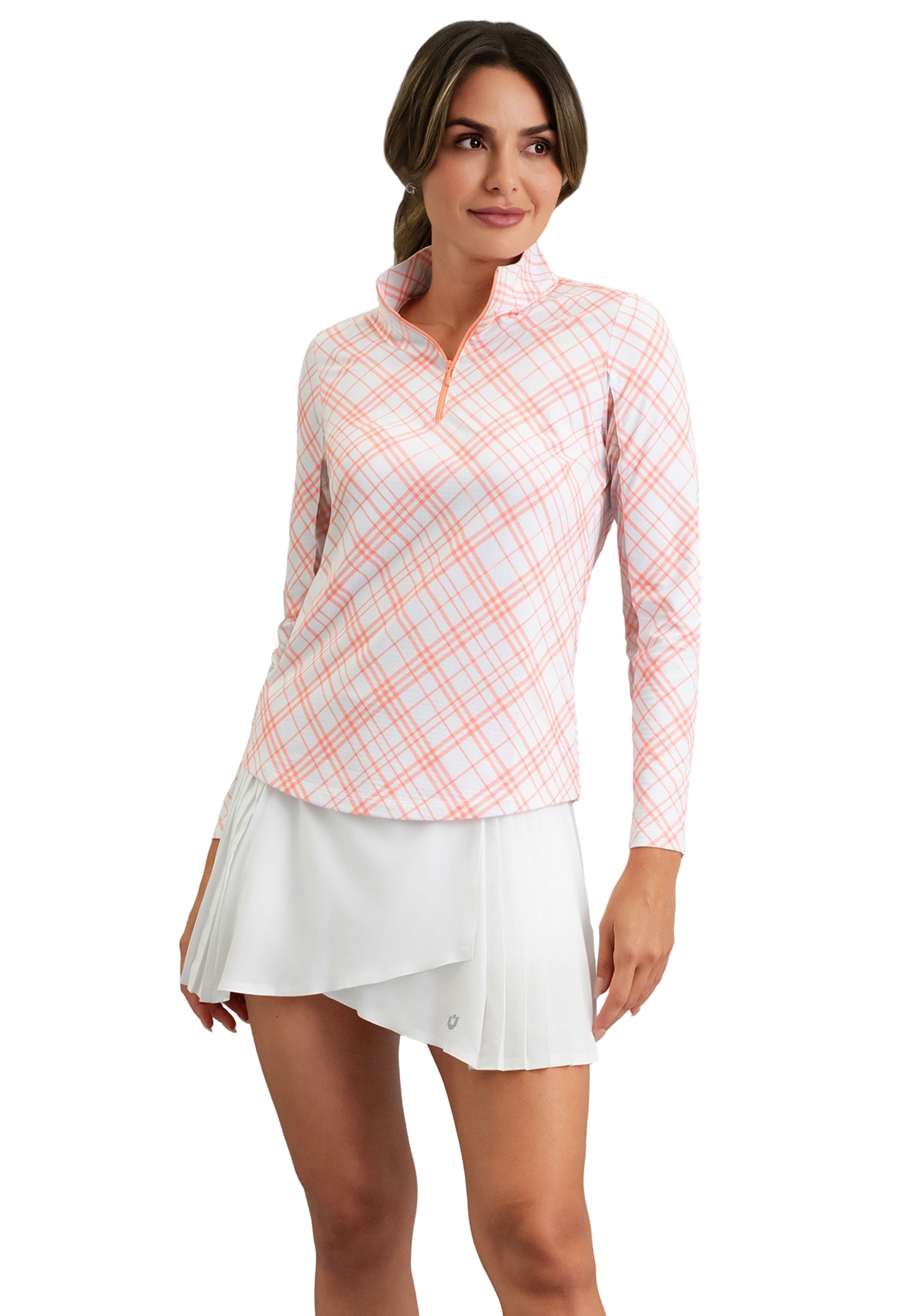 IBKÜL - Tony Print Long Sleeve Mock Neck Top - Color: Peach/White