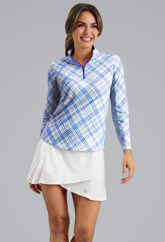 IBKÜL - Tony Print Long Sleeve Mock Neck Top - Color: Blue/White