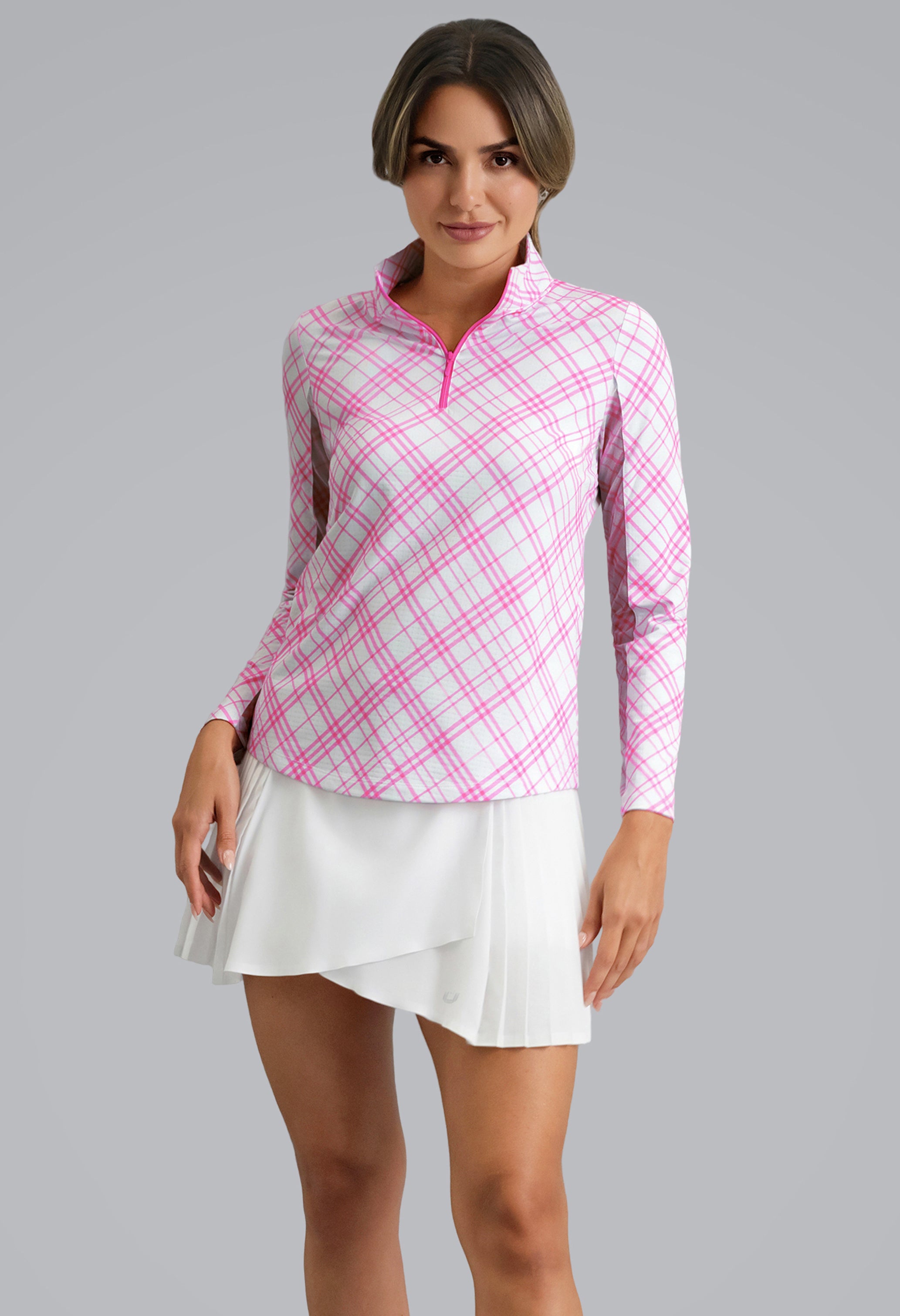 IBKÜL - Tony Print Long Sleeve Mock Neck Top - Color: Hot Pink/White