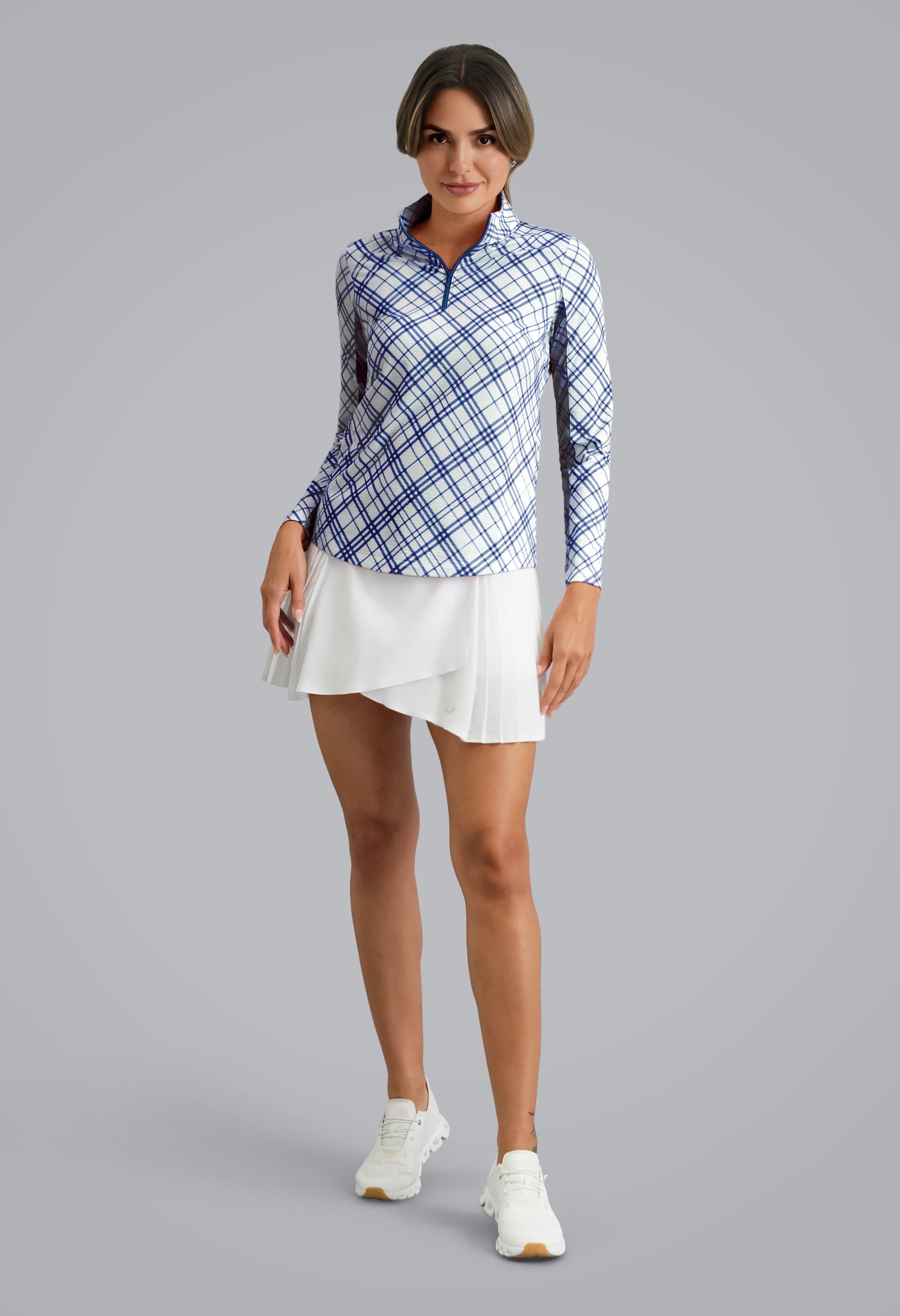 IBKÜL - Tony Print Long Sleeve Mock Neck Top - Color: Navy/White