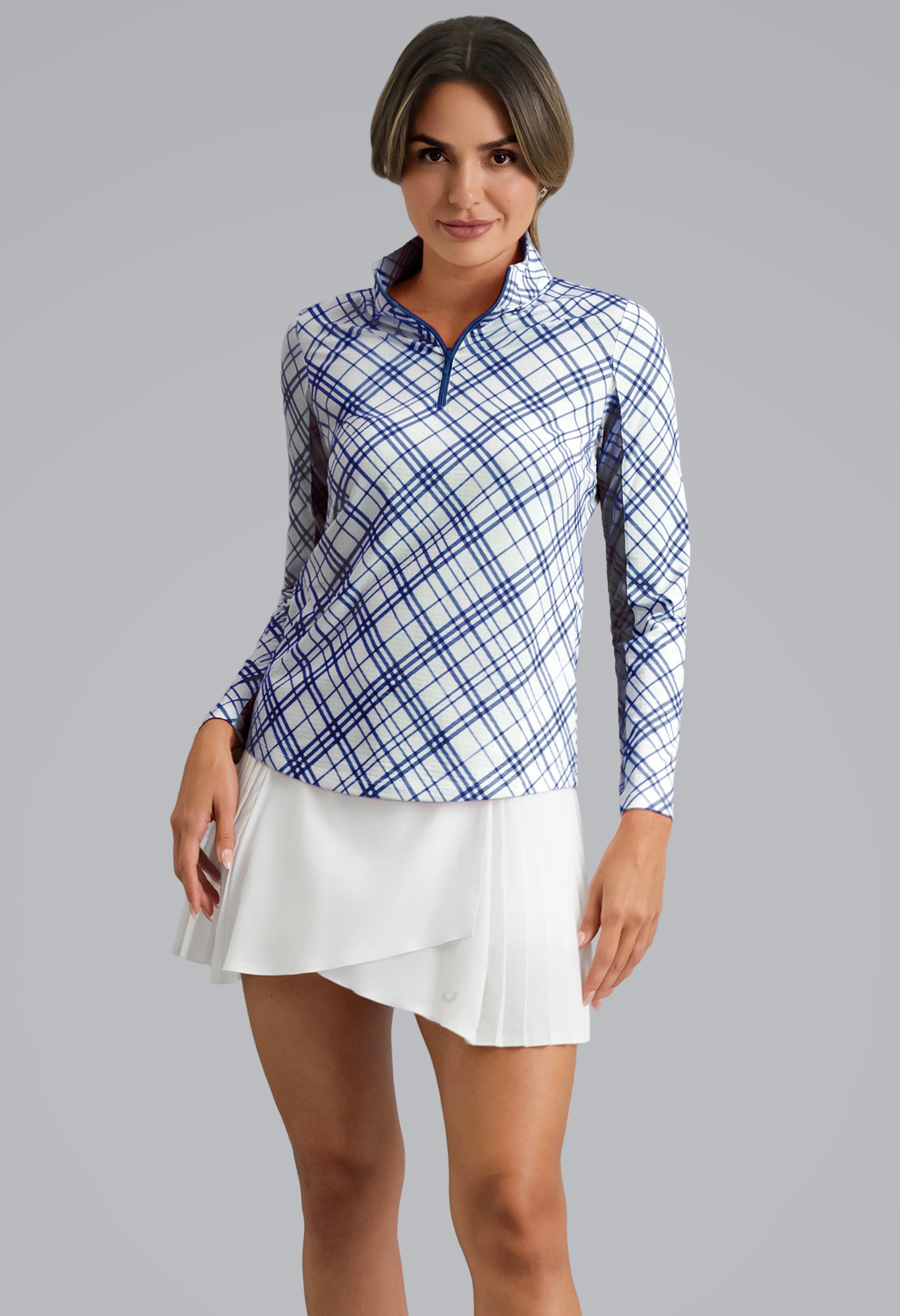 IBKÜL - Tony Print Long Sleeve Mock Neck Top - Color: Navy/White