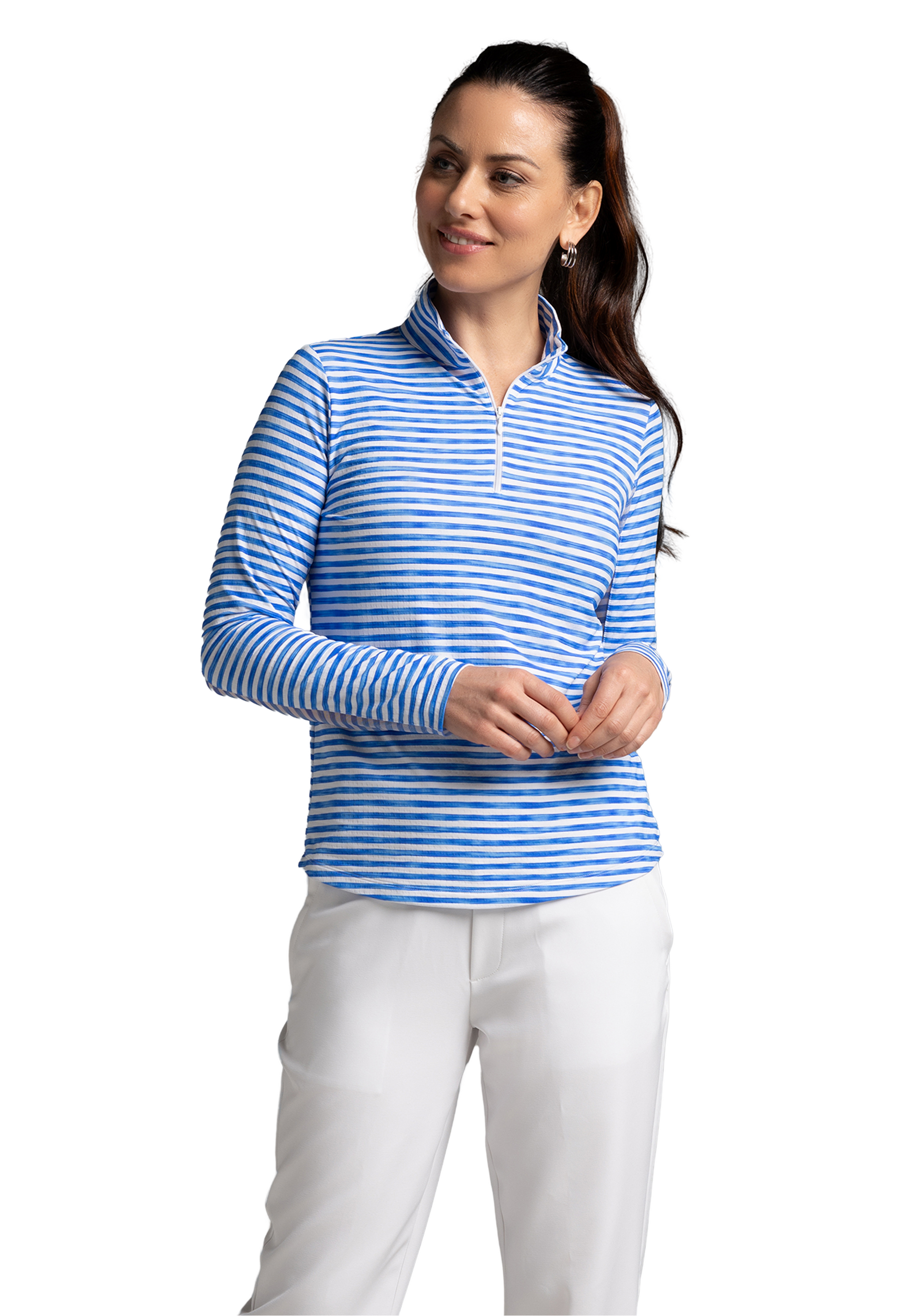 IBKÜL - Landon Stripe II Print Long Sleeve Mock Neck Top – 10164 - Color: Royal/White