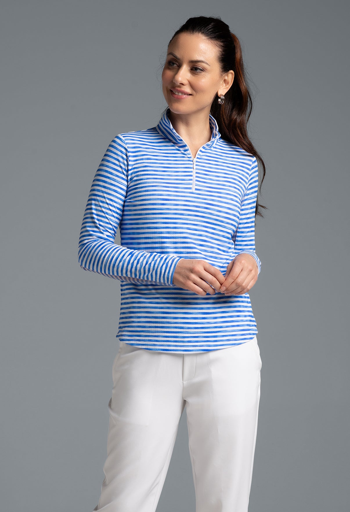 IBKÜL - Landon Stripe II Print Long Sleeve Mock Neck Top – 10164 - Color: Royal/White