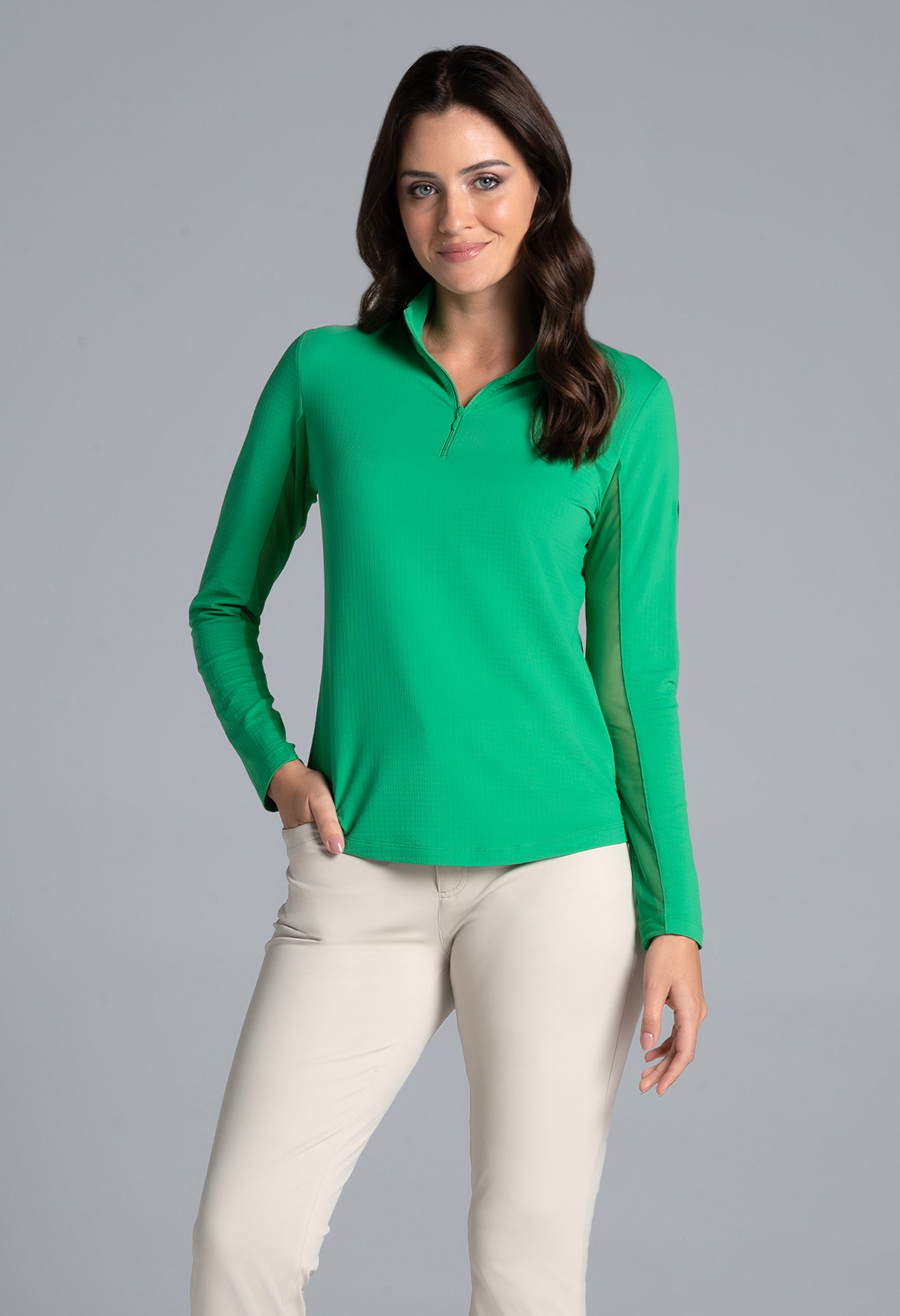 IBKÜL - Lucky Charm Print Long Sleeve Mock Neck Top – 10176 - Color: Green