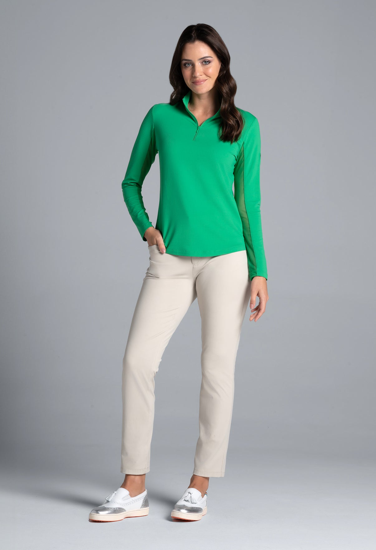 IBKÜL - Lucky Charm Print Long Sleeve Mock Neck Top – 10176 - Color: Green